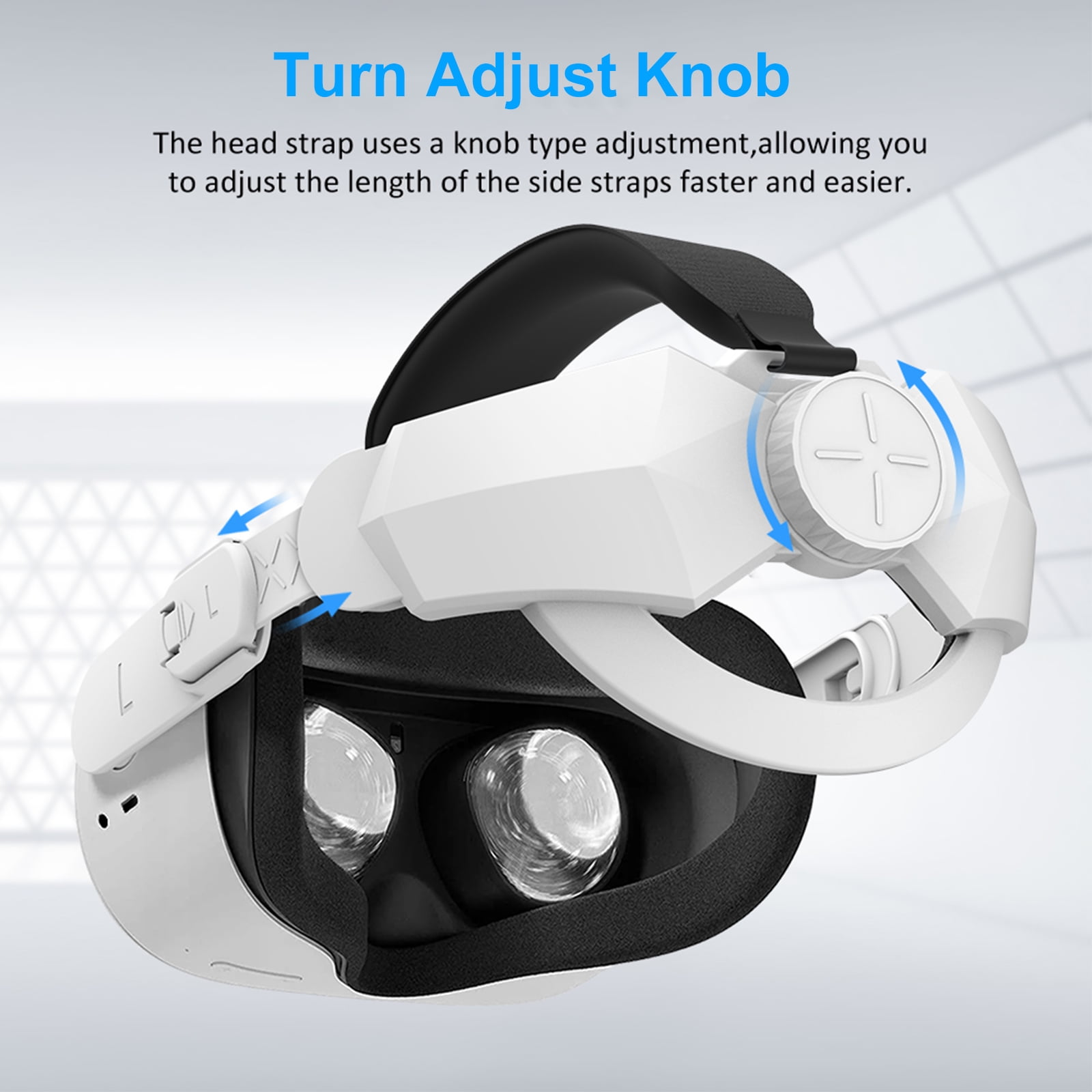 Weißes VR-Headset mit Knopf zur Einstellung. Pfeile zeigen auf Einstellpunkte. Schwarzes Band und Innenpolsterung.