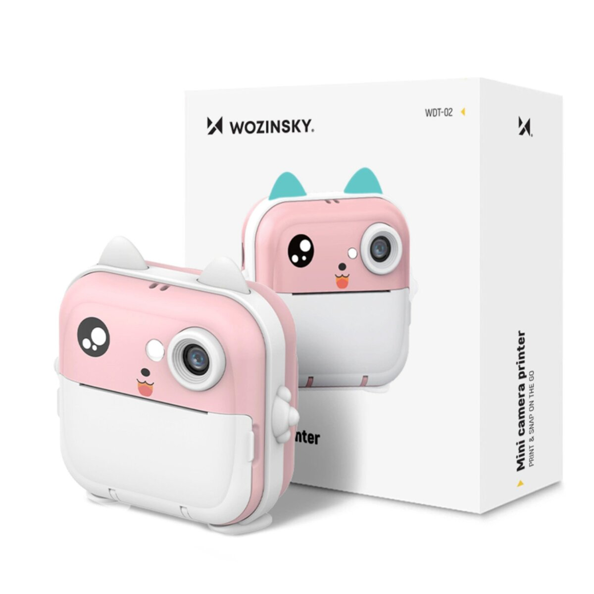 Ein rosa-weißer Mini-Kamera-Drucker in Katzenform mit passendem Karton im Hintergrund, beschriftet mit 'WOZINSKY'.