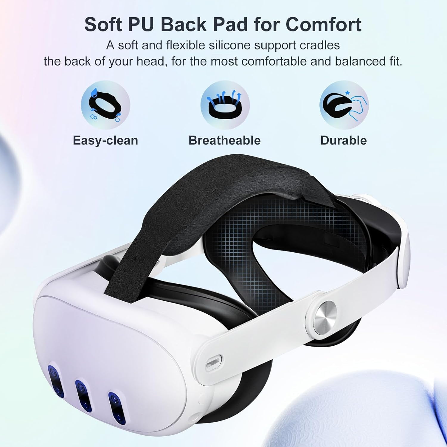 Weißes VR-Headset mit schwarzer Polsterung und Riemen. Text: 'Soft PU Back Pad for Comfort'. Symbole für einfache Reinigung, atmungsaktiv und langlebig.