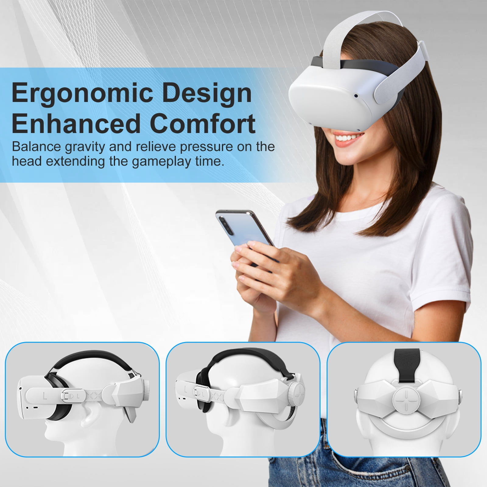 Frau mit weißem VR-Headset, hält ein Telefon. Darunter drei VR-Headset-Designs.