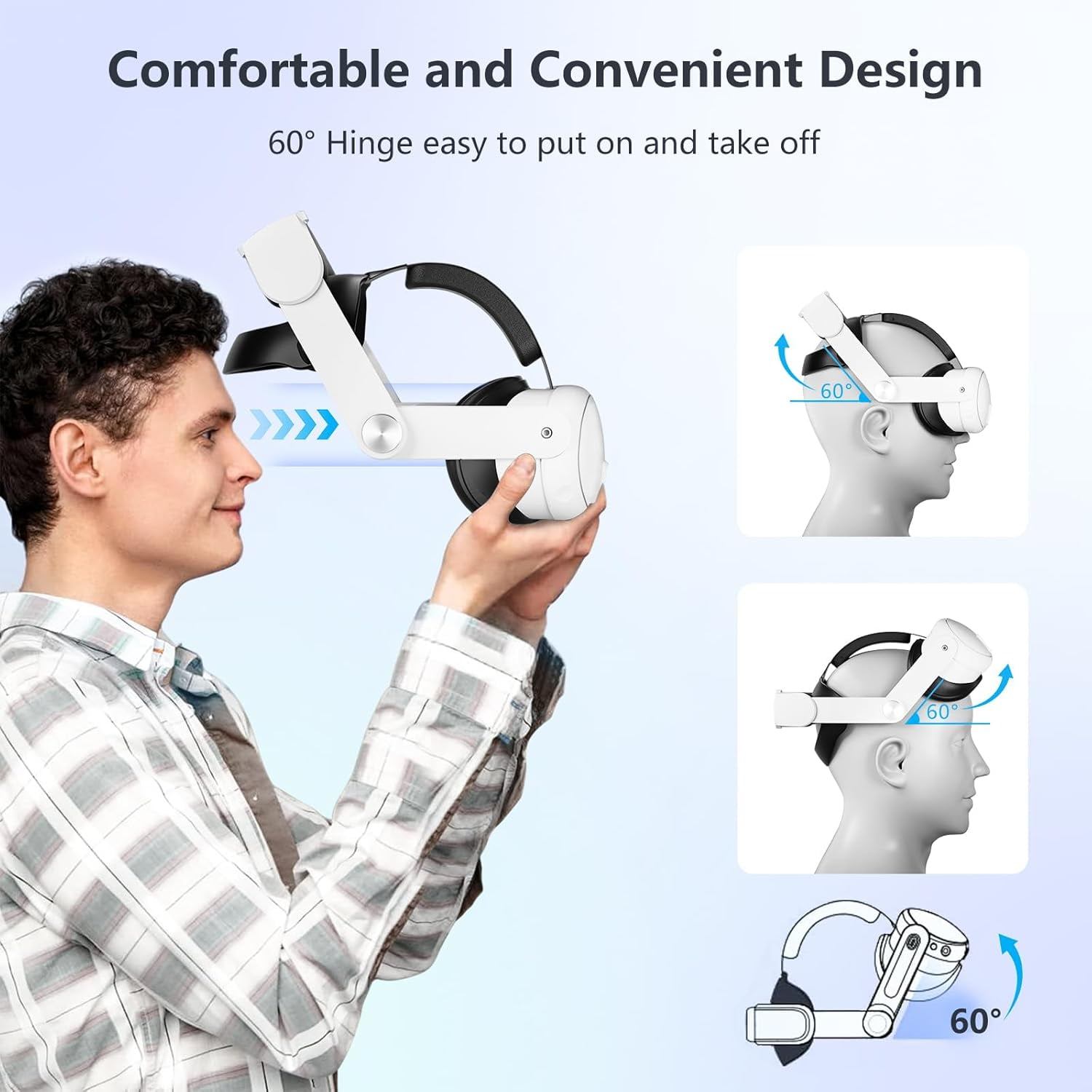 Mann hält VR-Headset. Diagramme zeigen Scharnierbewegung. Text besagt komfortables Design und 60°-Scharnier für einfache Bedienung.