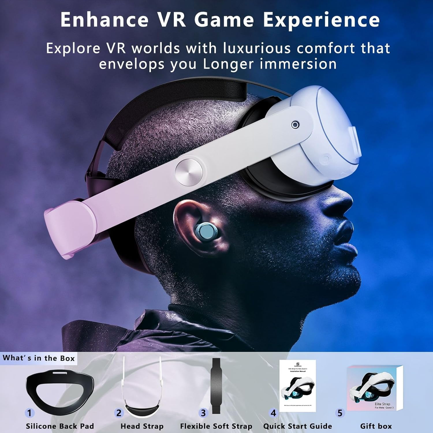 Das Bild zeigt ein VR-Headset auf dem Kopf einer Person, mit Zubehör darunter. Der Text lautet 'Enhance VR Game Experience'.