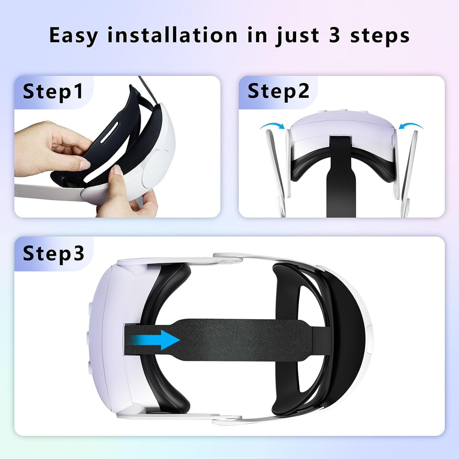 Das Bild zeigt die Installation eines VR-Headsets in 3 Schritten. Anweisungen zeigen, wie man Teile des Headsets befestigt.