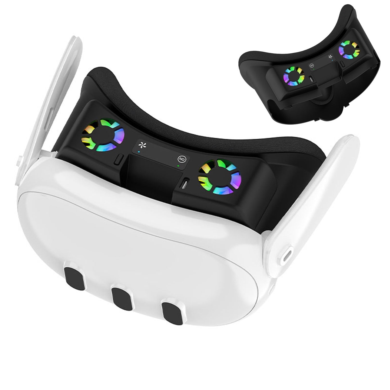 Ein weißes VR-Headset mit schwarzem Innenraum, zwei regenbogenfarbenen Lüftern und einem abgenommenen Headset darüber. Das Headset hat ein glattes Design.