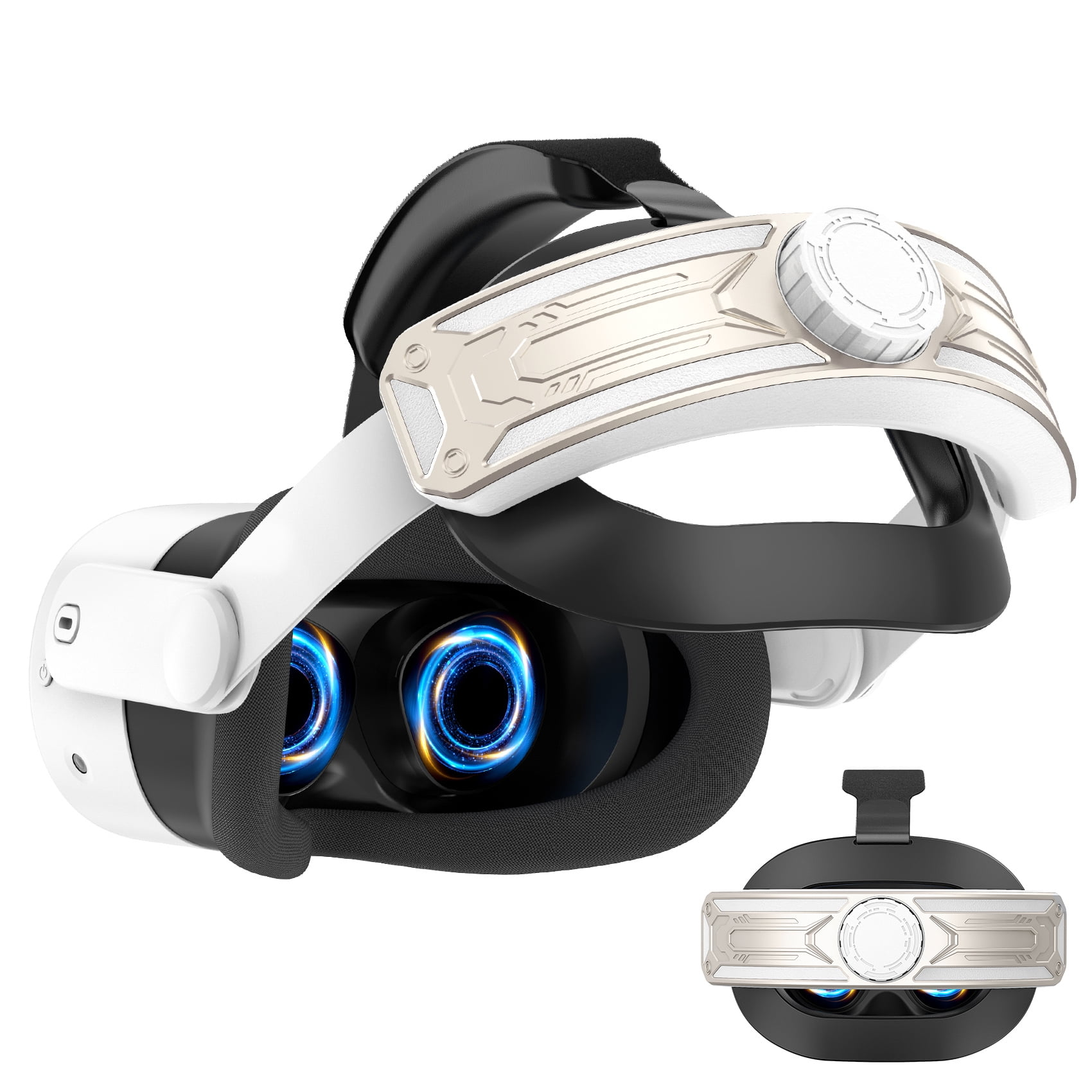 VR-Headset, weiß und schwarz mit silbernen Akzenten. Zwei blau leuchtende Linsen. Abgelöste Unteransicht. Isoliert auf Weiß.