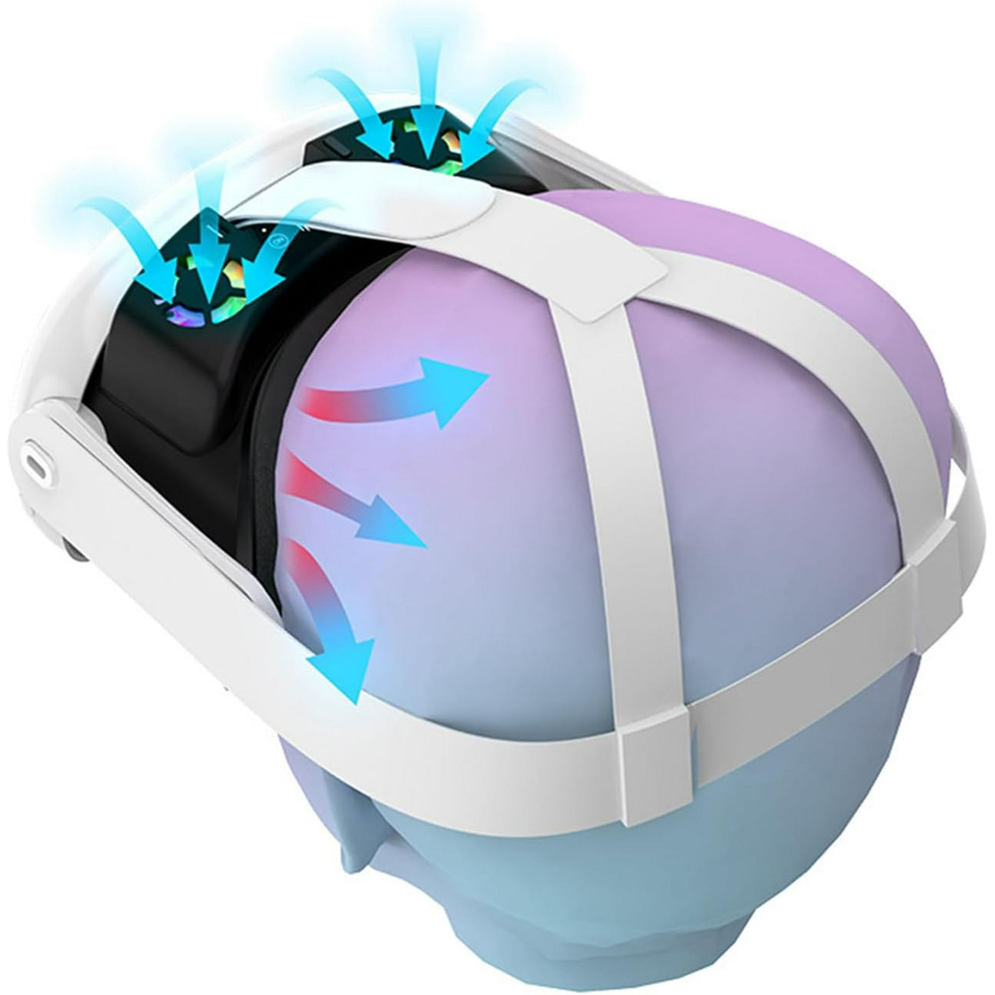 VR-Headset mit Kopfmodell. Weiße Riemen, schwarzes Visier und blaue Pfeile, die den Luftstrom anzeigen.