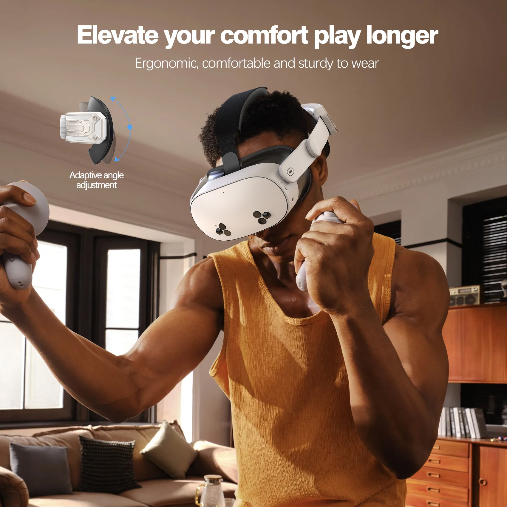Ein Mann mit VR-Headset, hält Controller. Text: 'Erhöhen Sie Ihren Komfort und spielen Sie länger'.