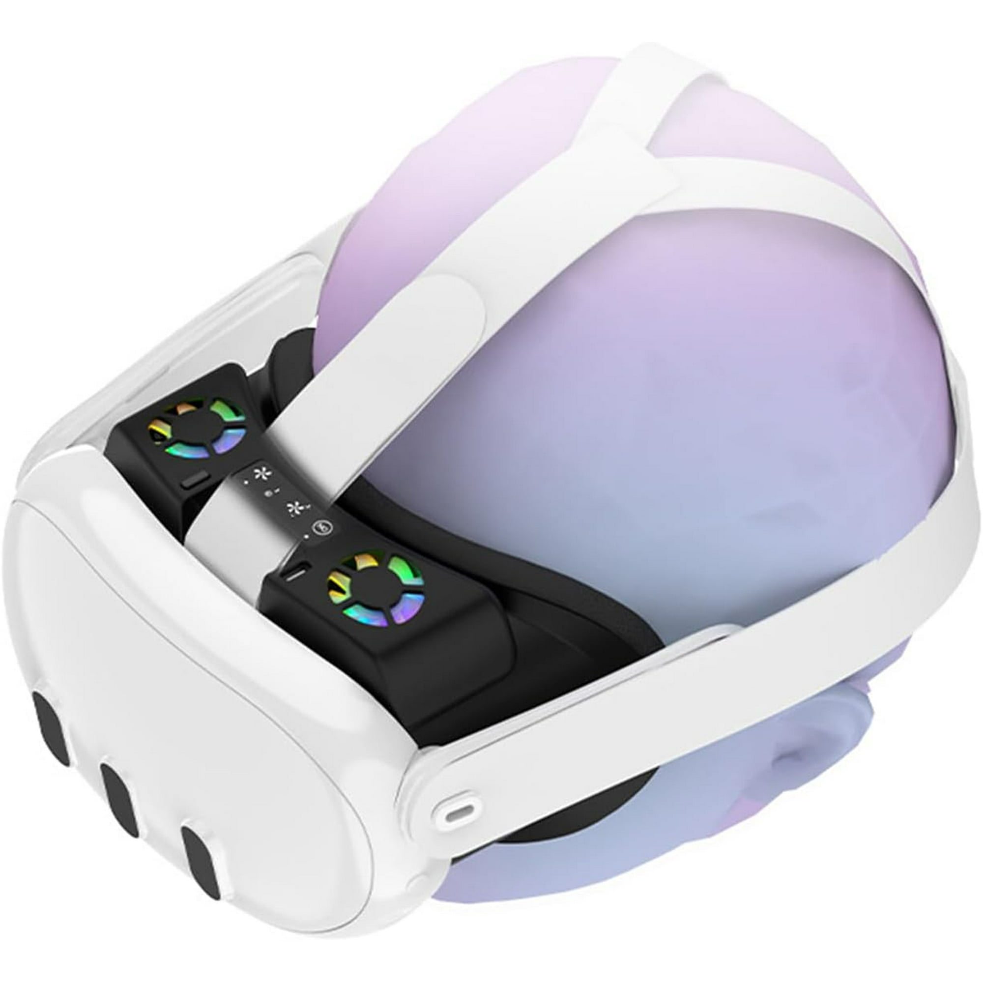 VR-Headset mit weißem Rahmen und Riemen. Schwarze Controller mit farbigen Lichtern. Das Visier ist lila und blau.