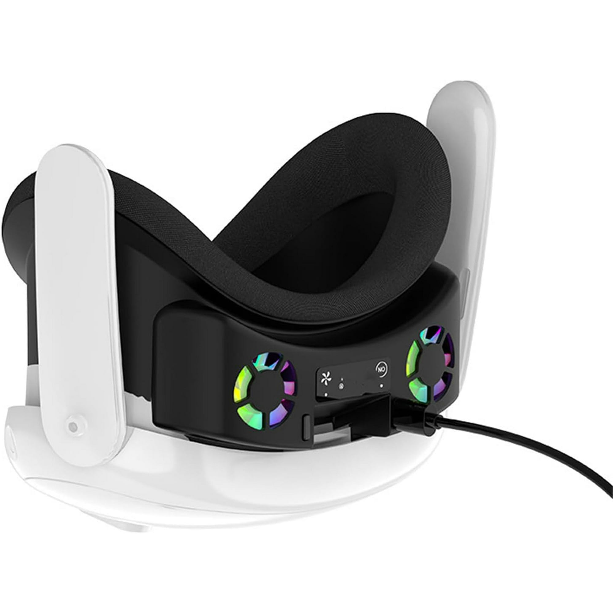 Ein VR-Headset mit schwarzem Gehäuse, weißen Armen und einem schwarzen Kabel. Es hat zwei Lüfter mit bunten Lichtern.