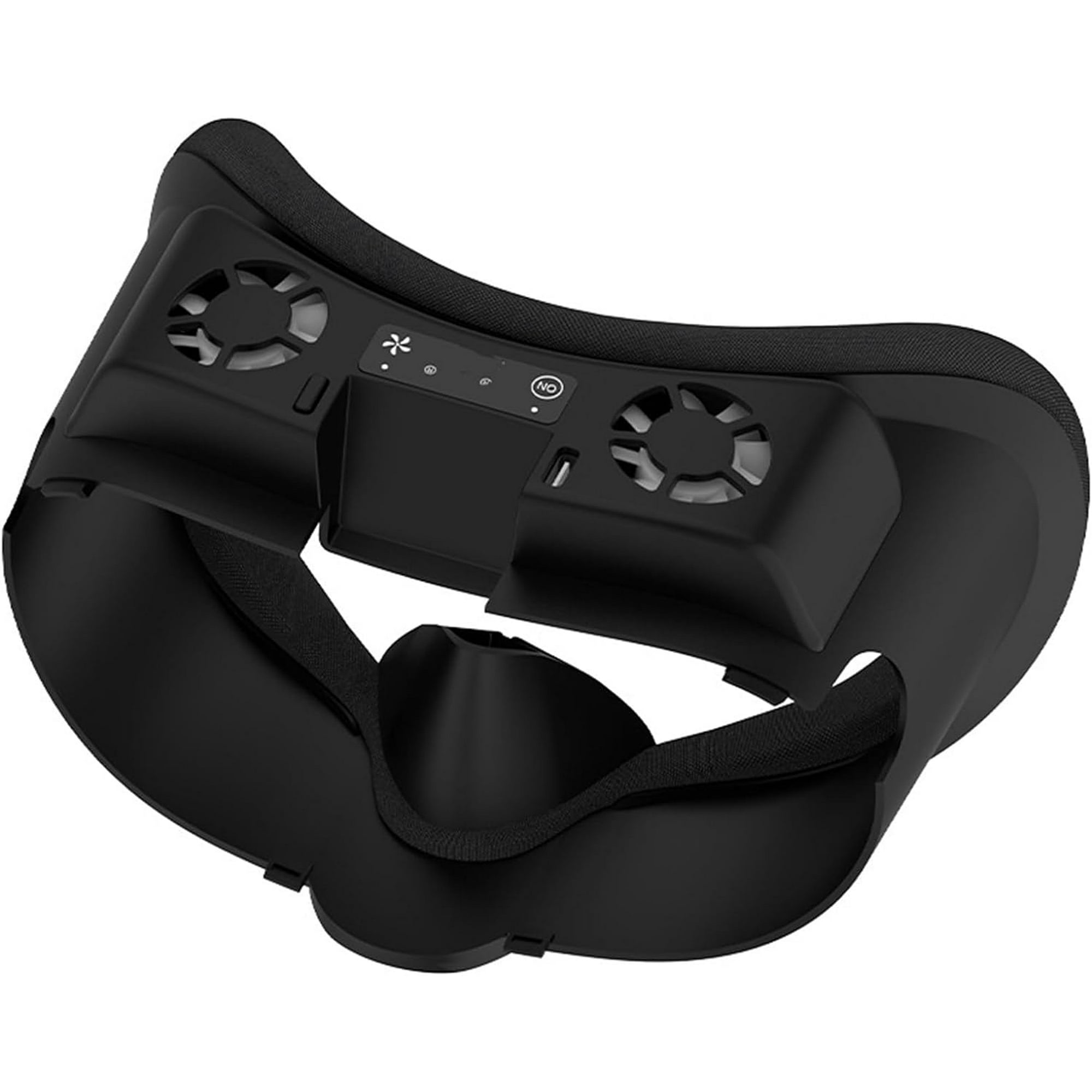 Schwarzes VR-Headset mit Lüftern, Riemen und Bedienelementen. Es hat eine abgerundete Form, mit einem schwarzen Riemen und Polsterung.