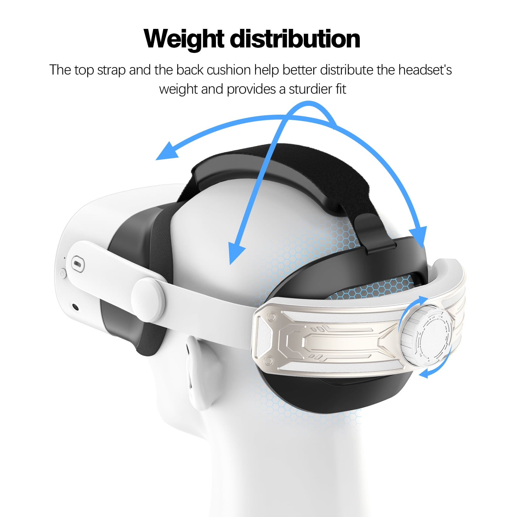 Ein VR-Headset auf einem Schaufensterkopf. Pfeile zeigen die Gewichtsverteilung von oben und hinten für einen stabileren Sitz.