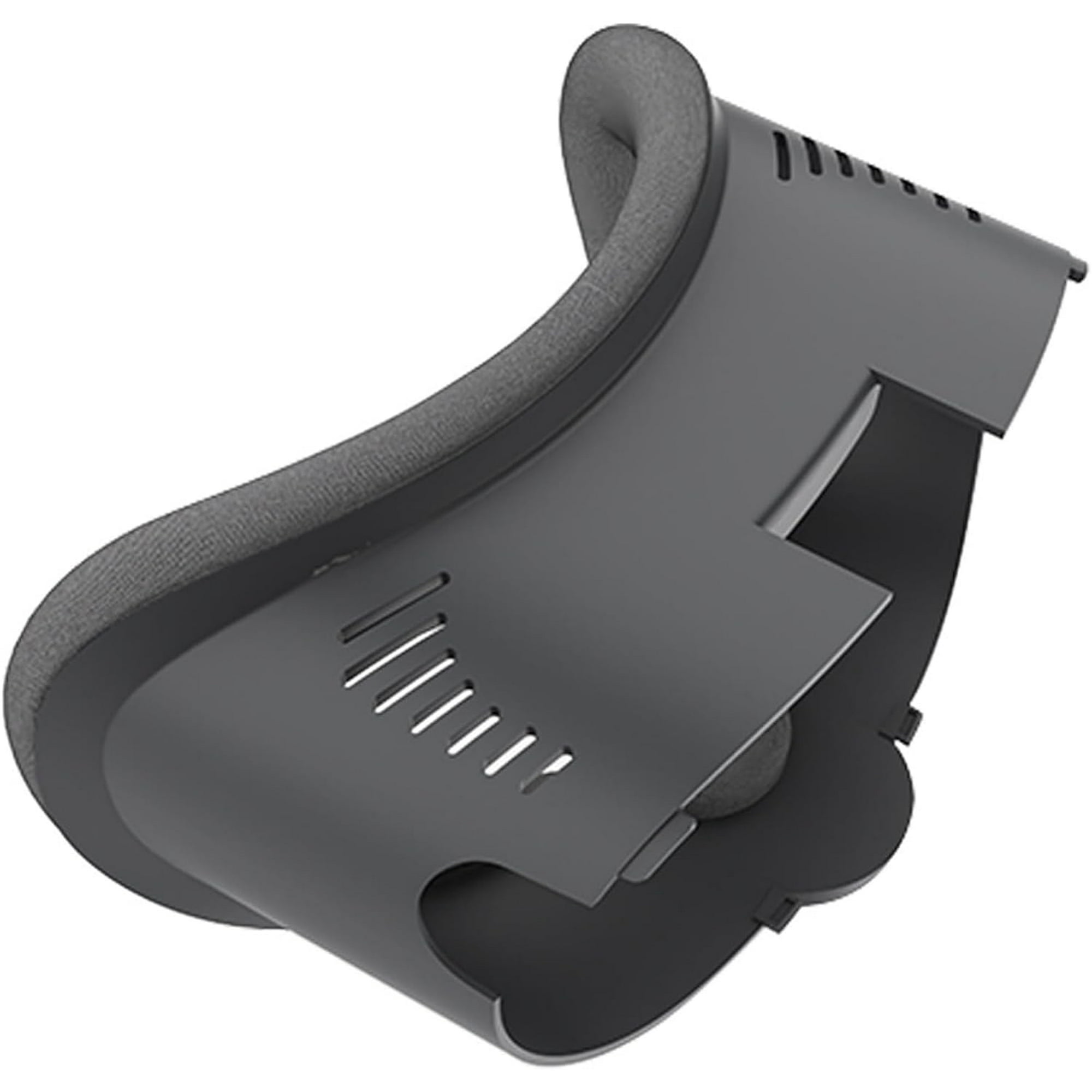 Ein graues VR-Headset-Komponente wird in einem Winkel gezeigt. Es hat einen gebogenen, gepolsterten Bereich und einen perforierten Rahmen.