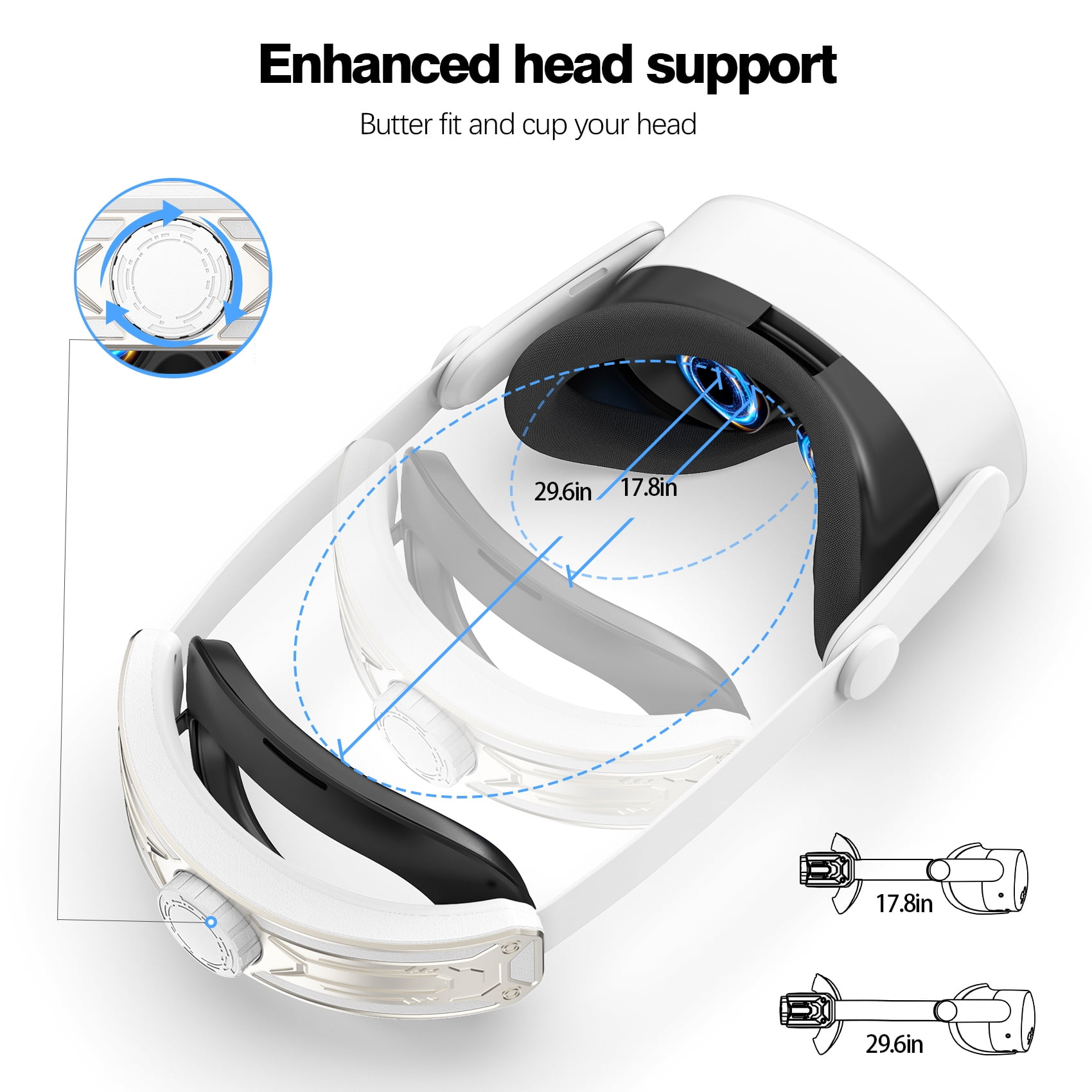 VR-Headset, weißes und schwarzes Design. Text lautet „Verbesserte Kopfstütze“. Abmessungen sind mit 17,8 Zoll und 29,6 Zoll angegeben.
