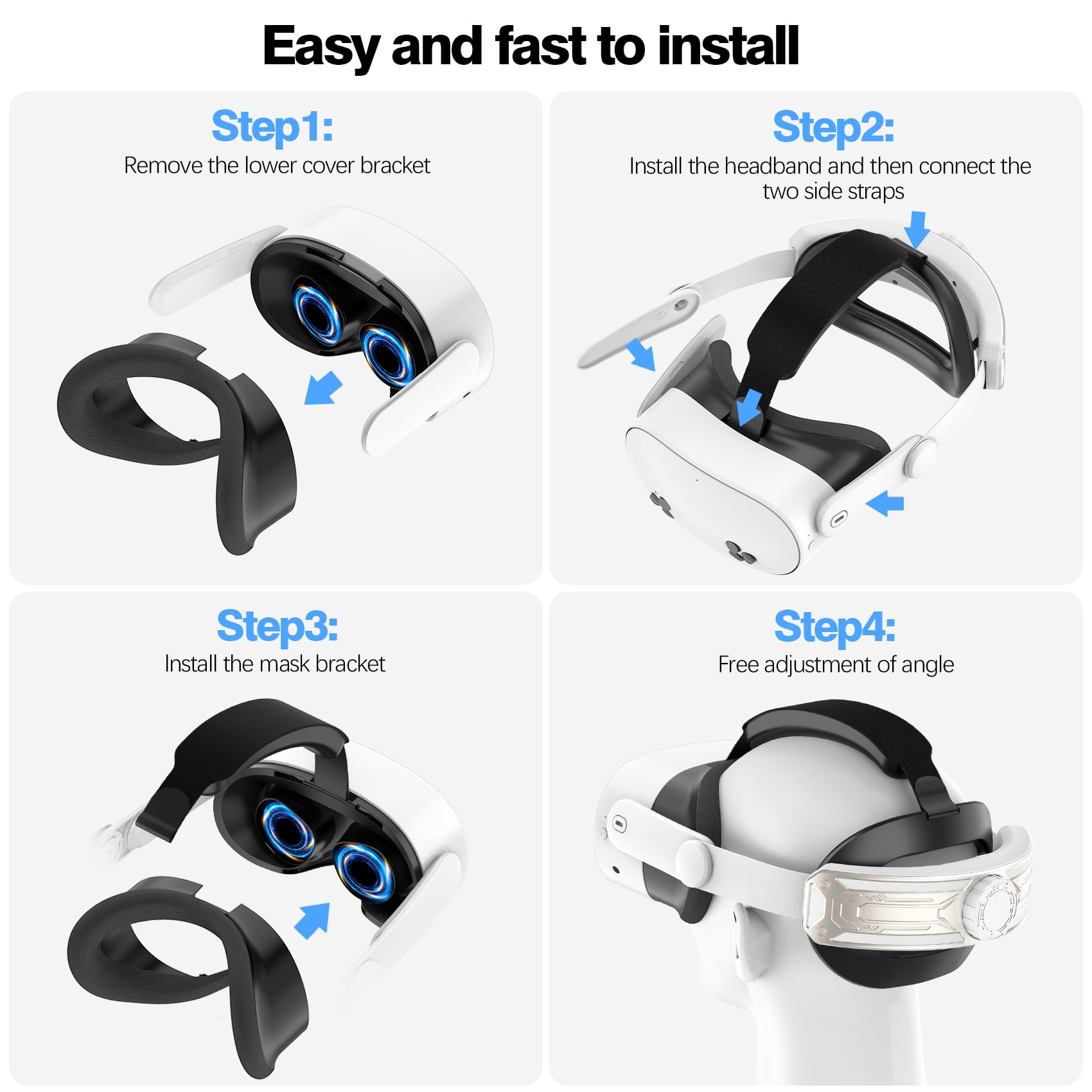 Anleitung zur VR-Headset-Montage. Schritte umfassen das Entfernen von Halterungen, Anbringen von Riemen und Einstellen des Winkels. Weiß und Schwarz.