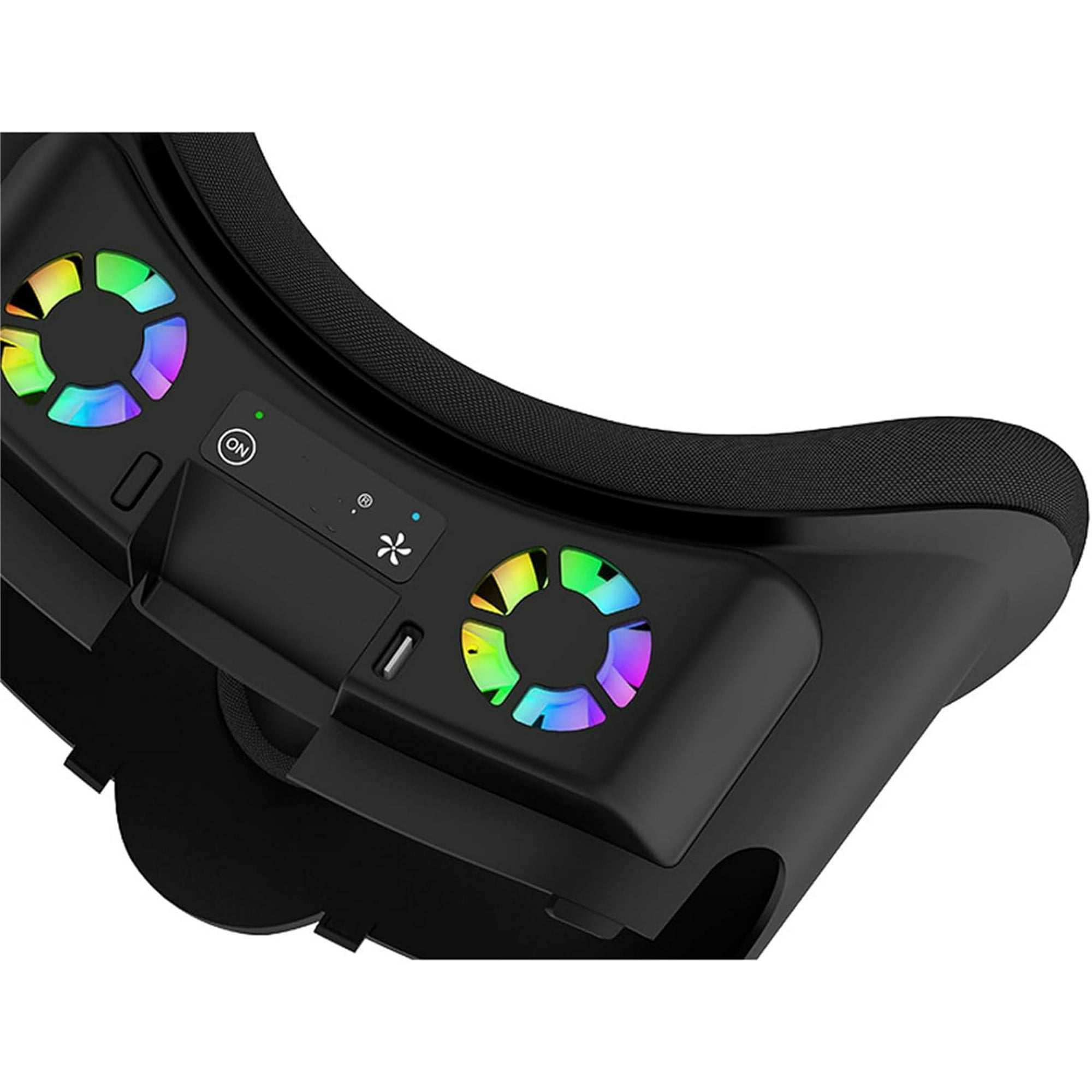 Schwarzes VR-Headset mit Regenbogenlichtern an den Lüftern und einer „ON“-Taste. Es hat einen gepolsterten Bereich für das Gesicht.