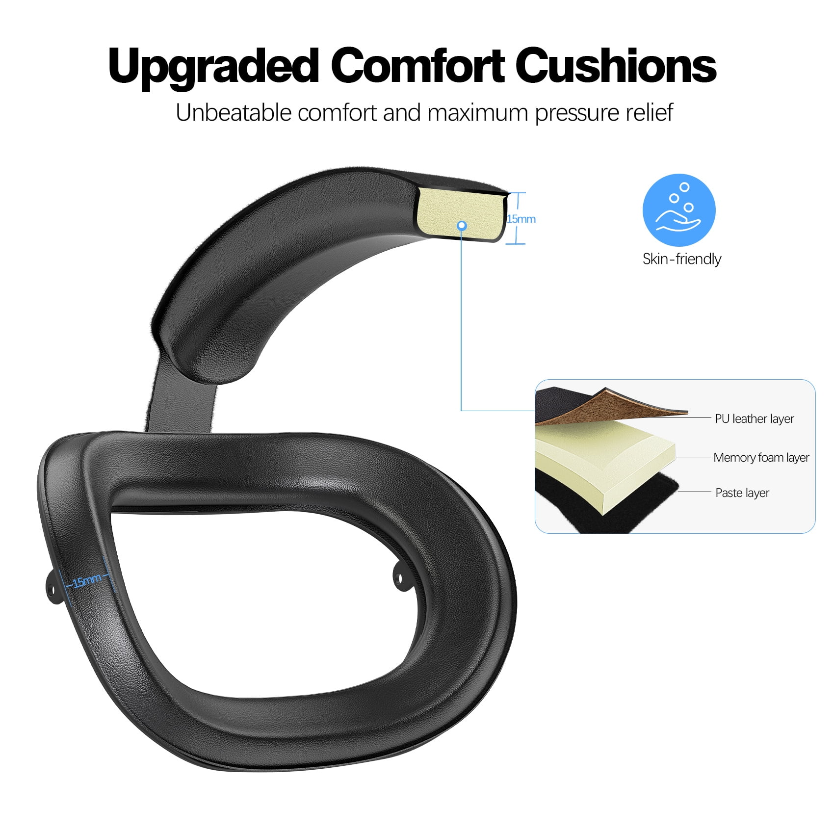 Schwarzes VR-Headset-Kissen mit einem 15-mm-Abschnitt. Schichten umfassen PU-Leder, Memory-Schaum und Kleber. Text: Verbesserte Komfortkissen.