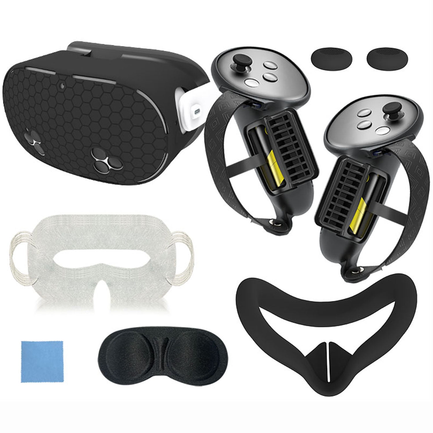 VR-Headset, Controller, Gesichtsbedeckung, Linsenabdeckungen und Reinigungstuch. Alles schwarzes Zubehör, weiße Augenmaske und schwarzer Schaumstoff.