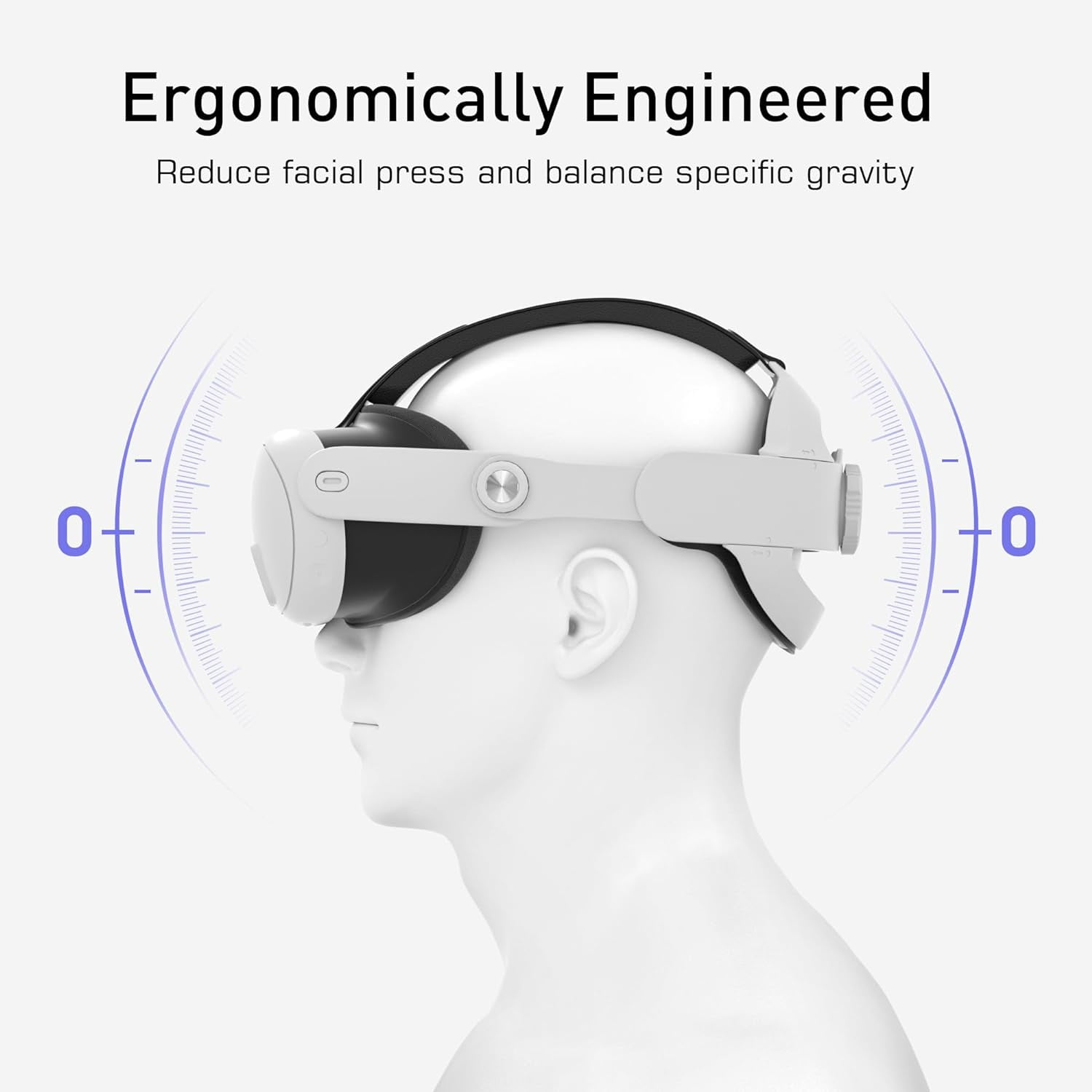 Ein weißes VR-Headset auf einem Schaufensterkopf. Der Text oben lautet: Ergonomisch konstruiert. Reduziert den Gesichtsdruck und gleicht die Schwerkraft aus.