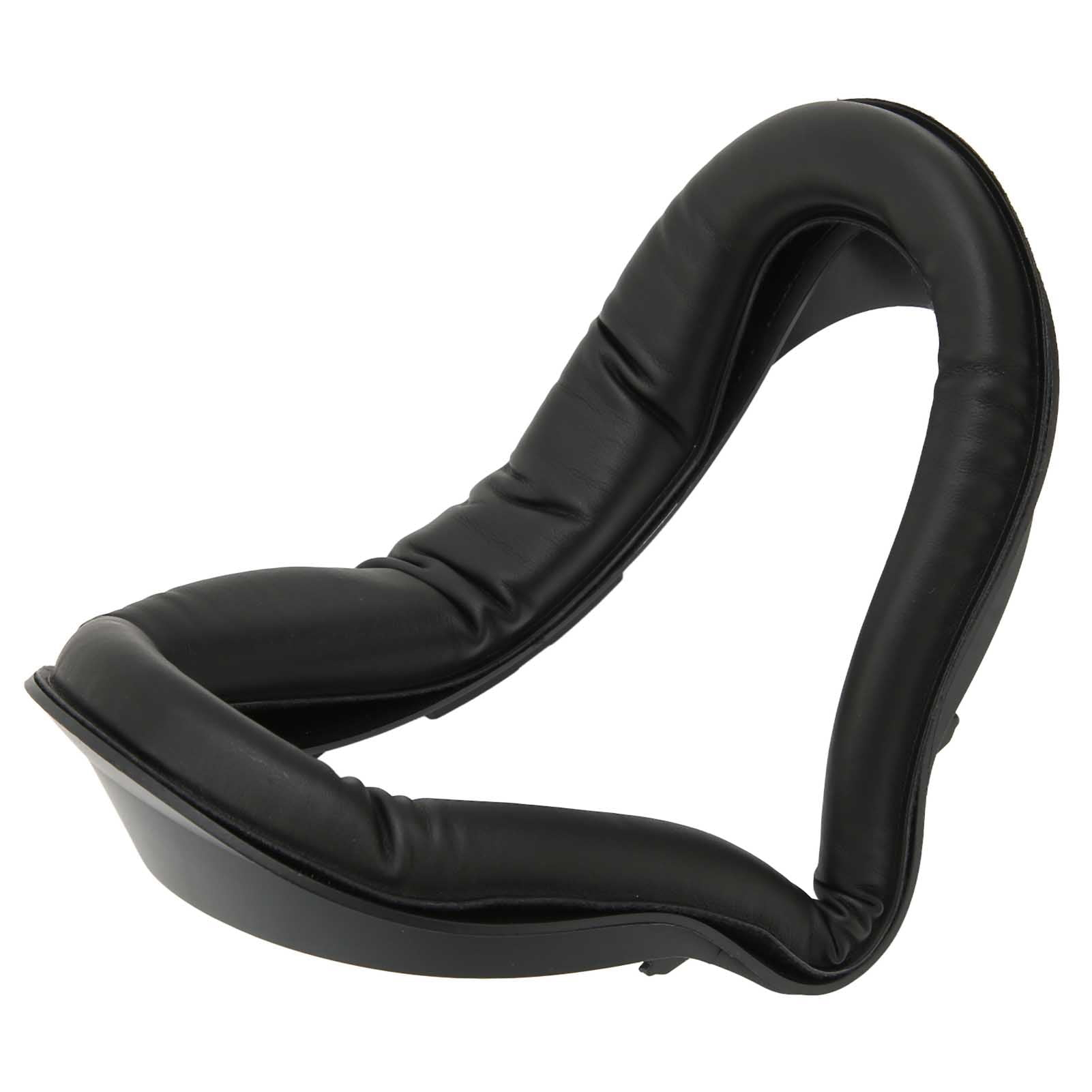 Ein gebogenes, schwarzes VR-Headset-Gesichtskissen. Es erscheint weich und besteht aus Leder oder einem ähnlichen Material. Der Hintergrund ist weiß.
