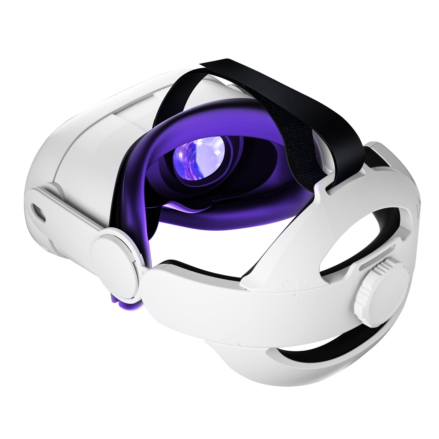 Ein weißes VR-Headset mit lila Innenraum und schwarzen Riemen. Die Linse reflektiert Licht. Ein weißer Einstellknopf ist sichtbar.