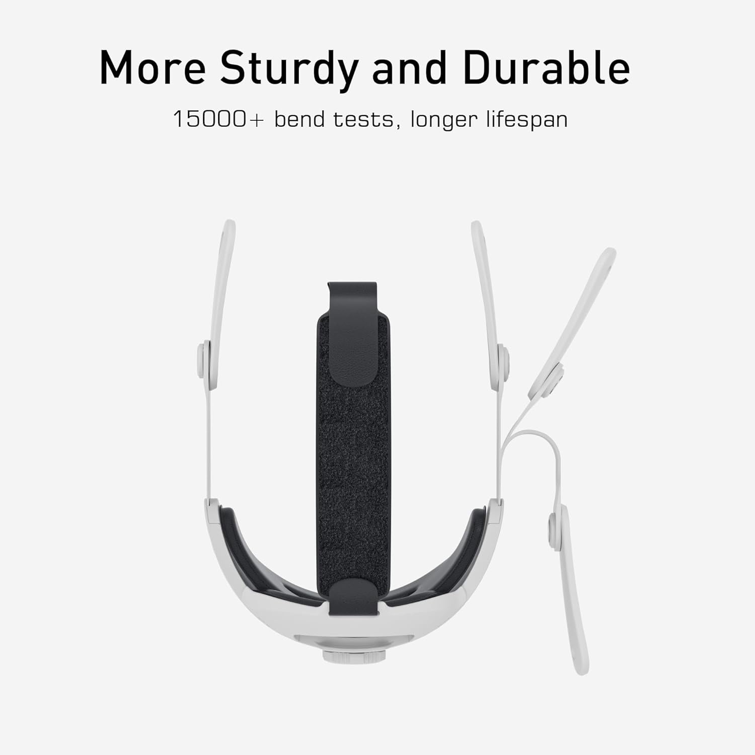 Ein weiß-schwarzer VR-Headset-Rahmen wird vor weißem Hintergrund dargestellt. Text oben: 'More Sturdy and Durable'.
