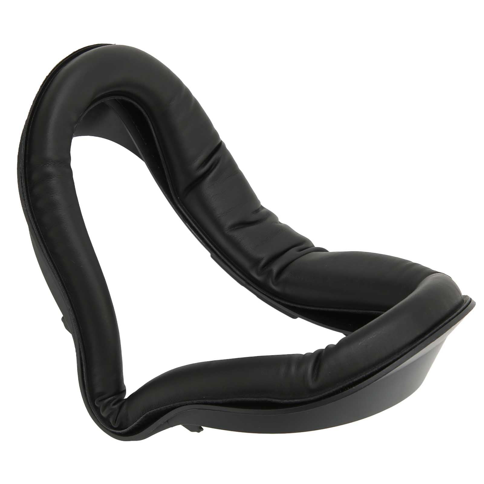 Ein gebogenes, schwarzes VR-Headset-Gesichtskissen. Es besteht aus schwarzem Leder und hat eine abgerundete Form.