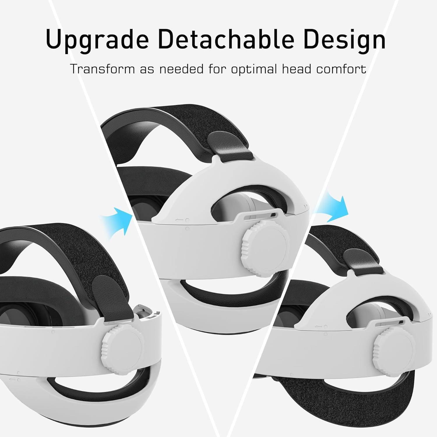 Das Bild zeigt drei weiße VR-Headset-Kopfhörer mit schwarzen Riemen, Pfeile zeigen ein abnehmbares Design. Text: Upgrade Detachable Design.