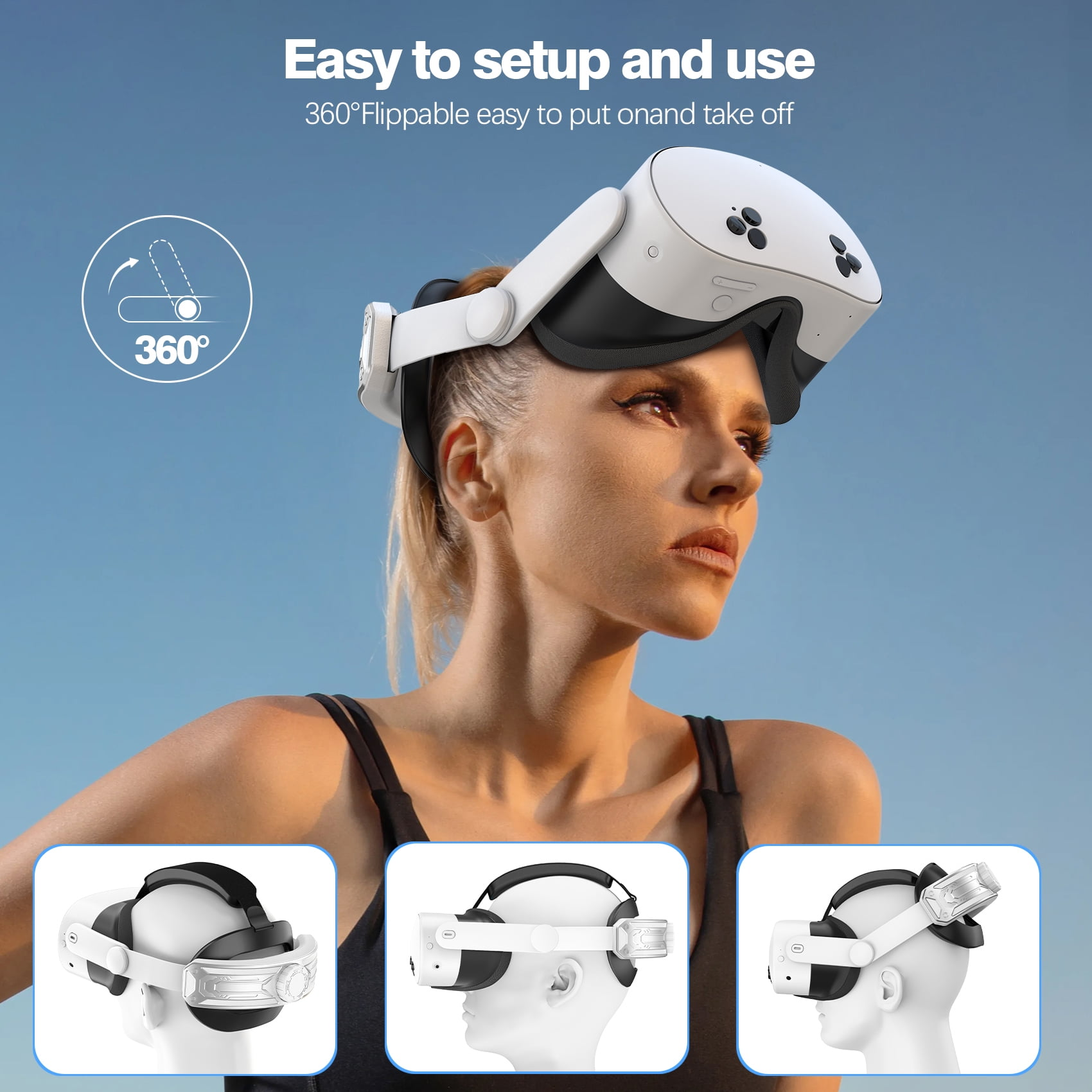 Frau mit weißem VR-Headset, darunter drei kleinere Headsets. Der Himmel ist blau.