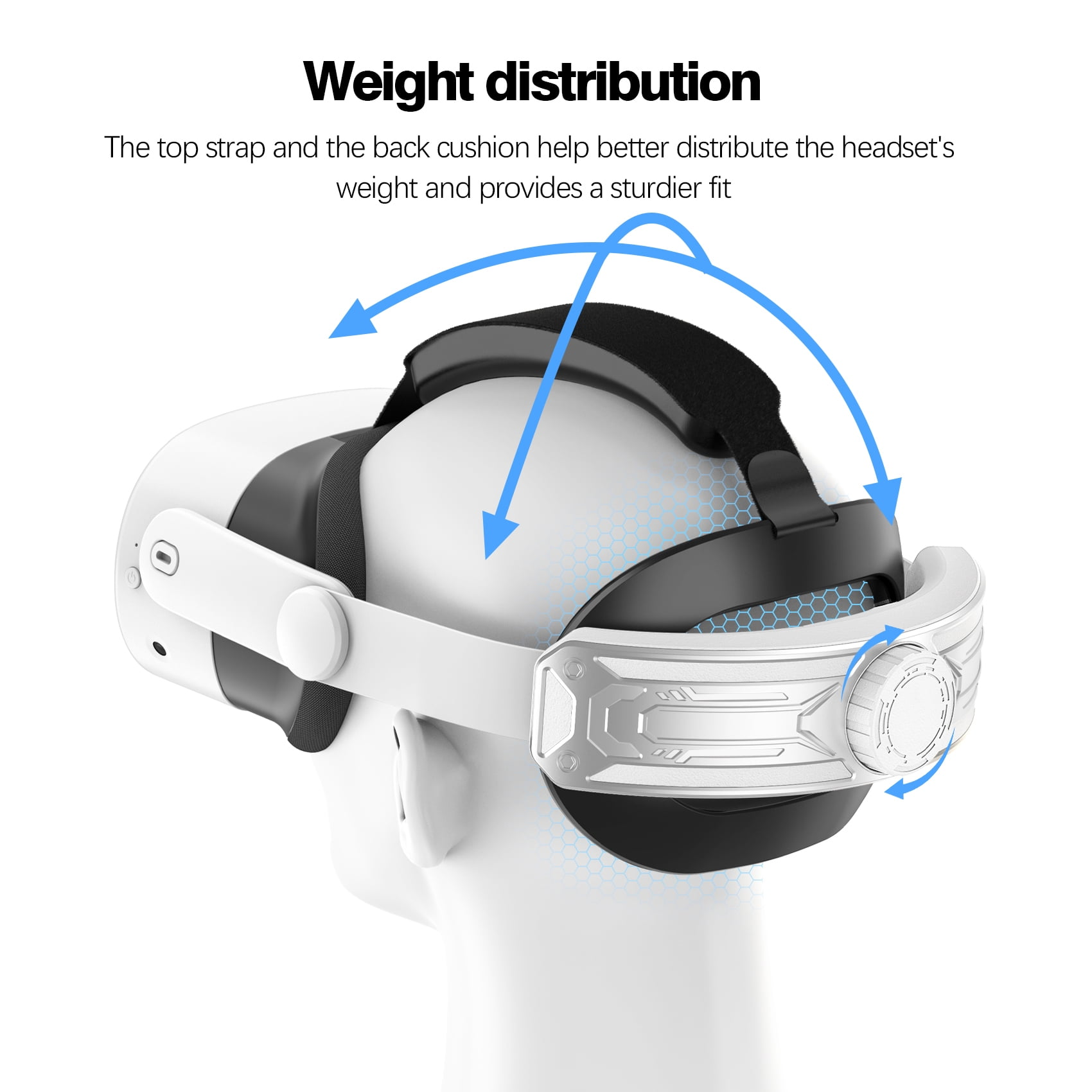 VR-Headset mit weißen und schwarzen Komponenten. Blaue Pfeile zeigen die Gewichtsverteilung. Text erklärt die Passform.