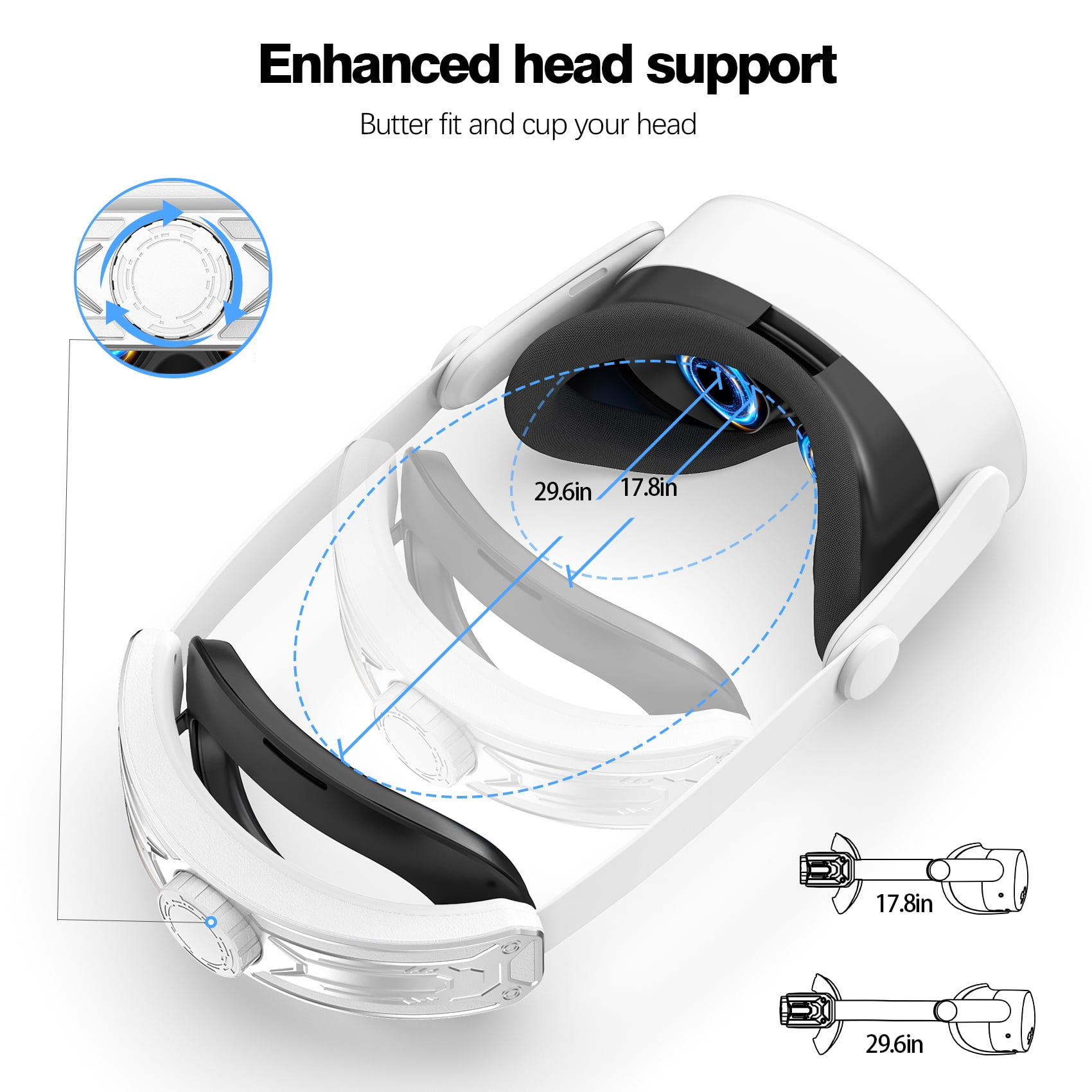 VR-Headset mit verbesserter Kopfstütze. Zeigt Abmessungen. Einstellbares Rad- und Riemenmechanismus. Weißes und schwarzes Farbschema.