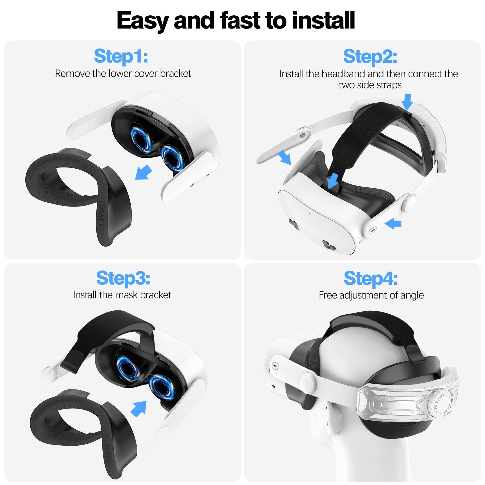 Anweisungen zur Installation des VR-Headsets. Schritte umfassen das Entfernen von Abdeckungen, das Anbringen von Riemen und die Winkeleinstellung.