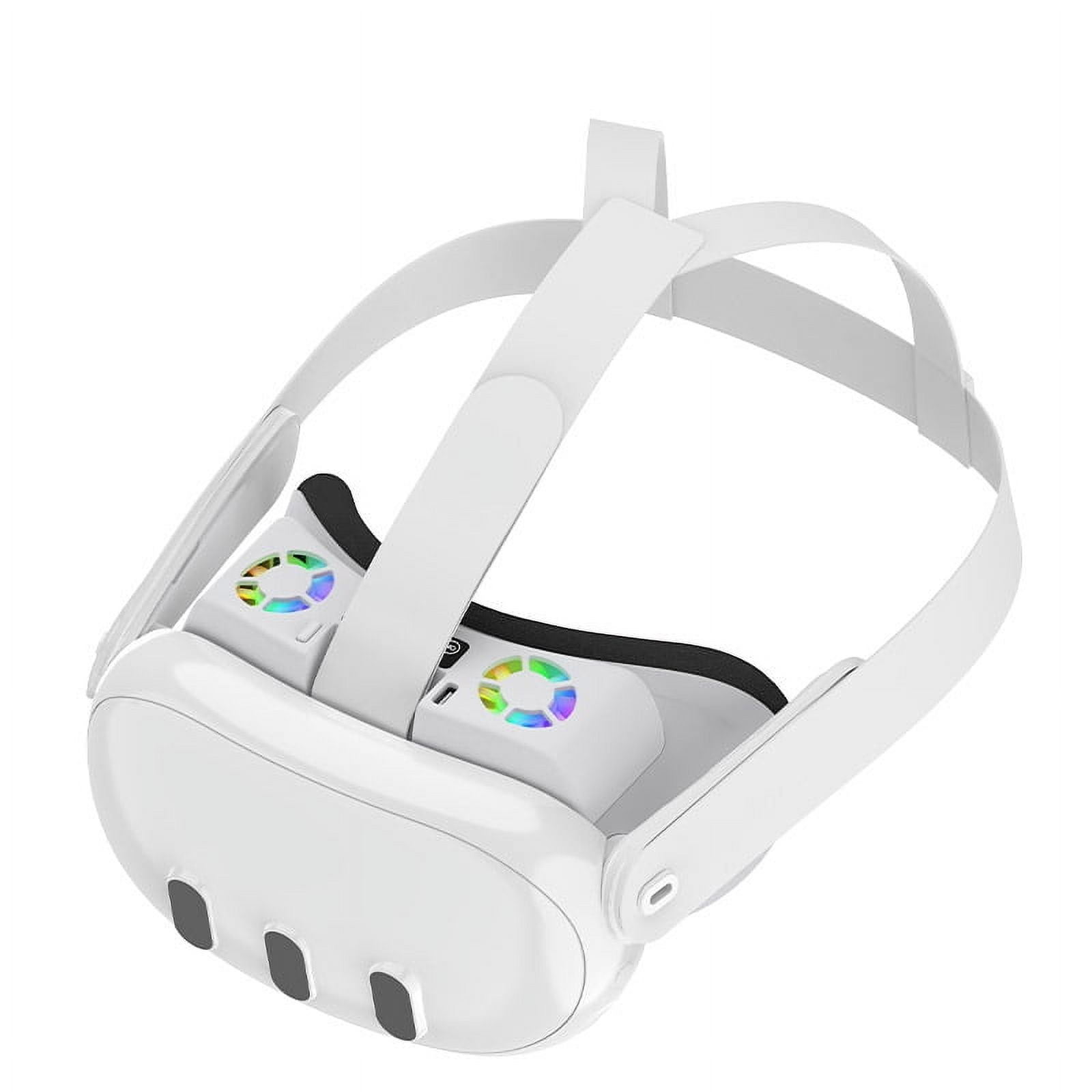 Ein weißes VR-Headset mit verstellbaren Riemen, schwarzer Augenpolsterung und Regenbogen-Ventilatorlichtern. Auf der Vorderseite sind drei dunkle Ovale.