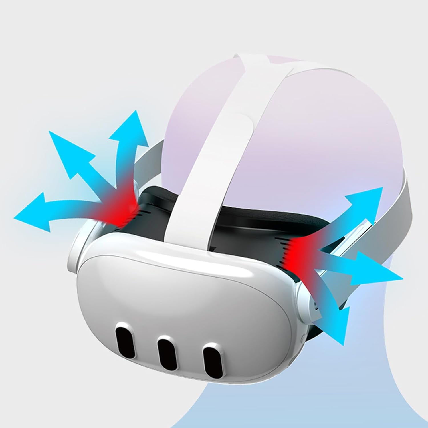Ein weißes VR-Headset mit blauen Pfeilen, die den Luftstrom anzeigen. Rote Markierungen zeigen Hitzezonen. Es hat drei schwarze Lüftungsschlitze.
