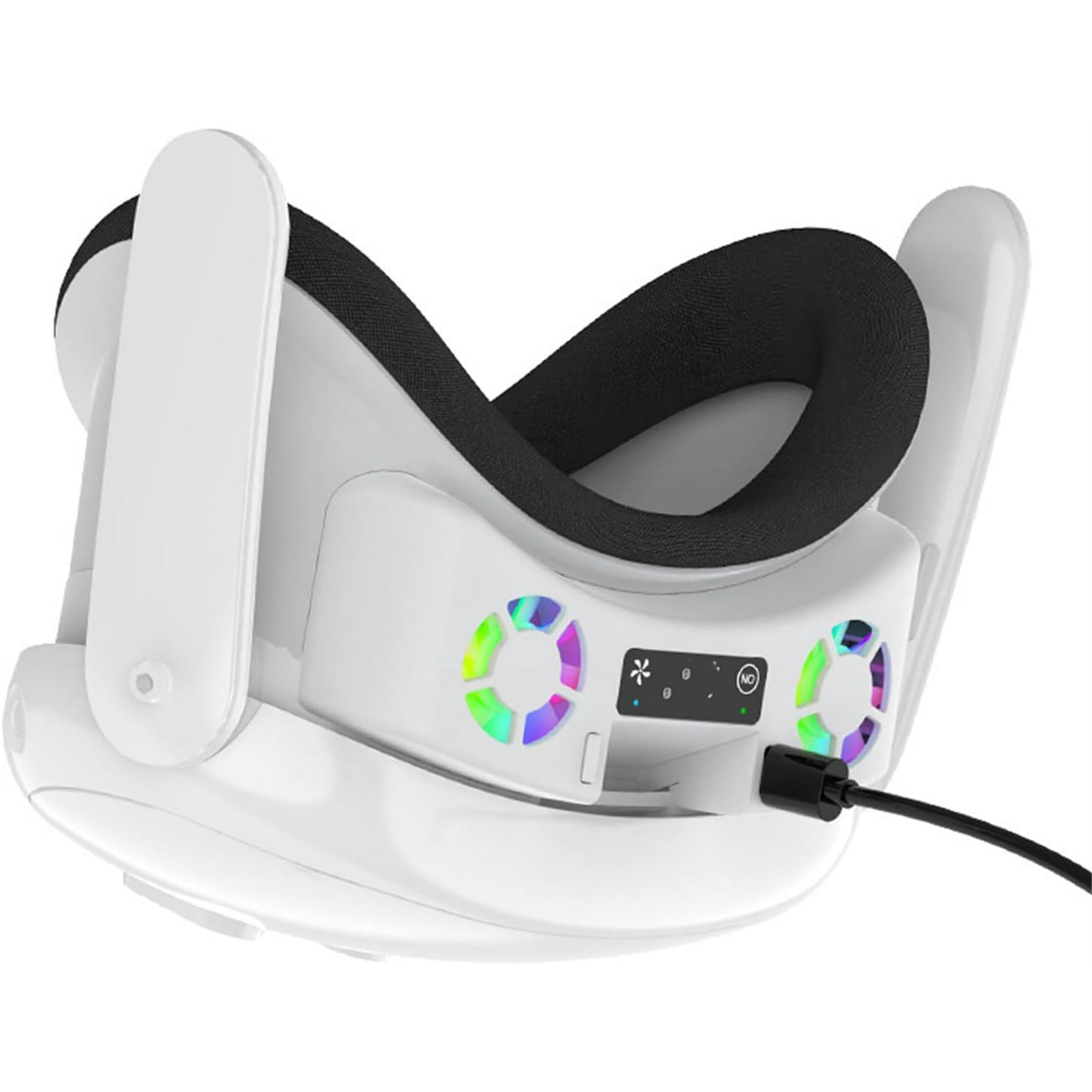 Weißes VR-Headset mit schwarzer Polsterung, farbigen Lichtern und einem schwarzen Ladekabel. Es hat einen Power-Knopf.