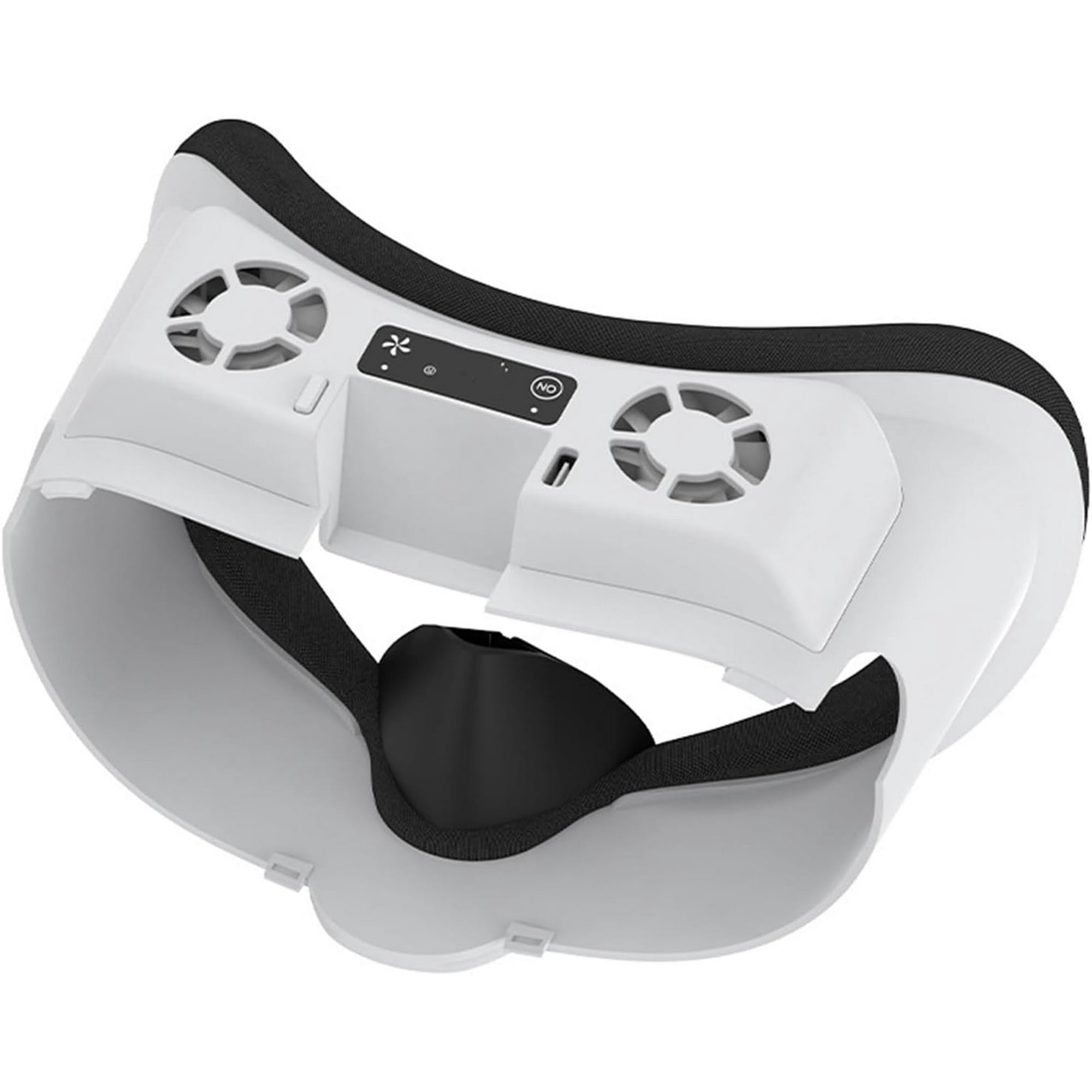 Weißes VR-Headset mit schwarzem Riemen. Hat kreisförmige Lüftungsschlitze. Der untere Teil öffnet sich.