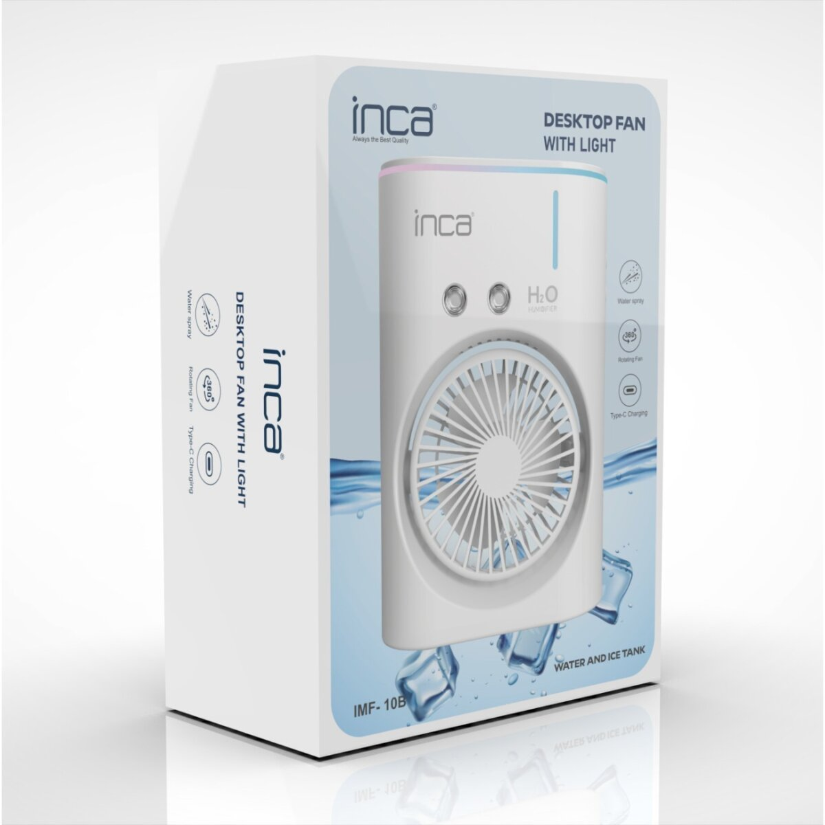 Ein weißer Inca-Desktop-Lüfter mit Licht befindet sich auf einer Box. Er hat Lüfterflügel, Wasserspray und Eiswürfel. Die Box hat Text.