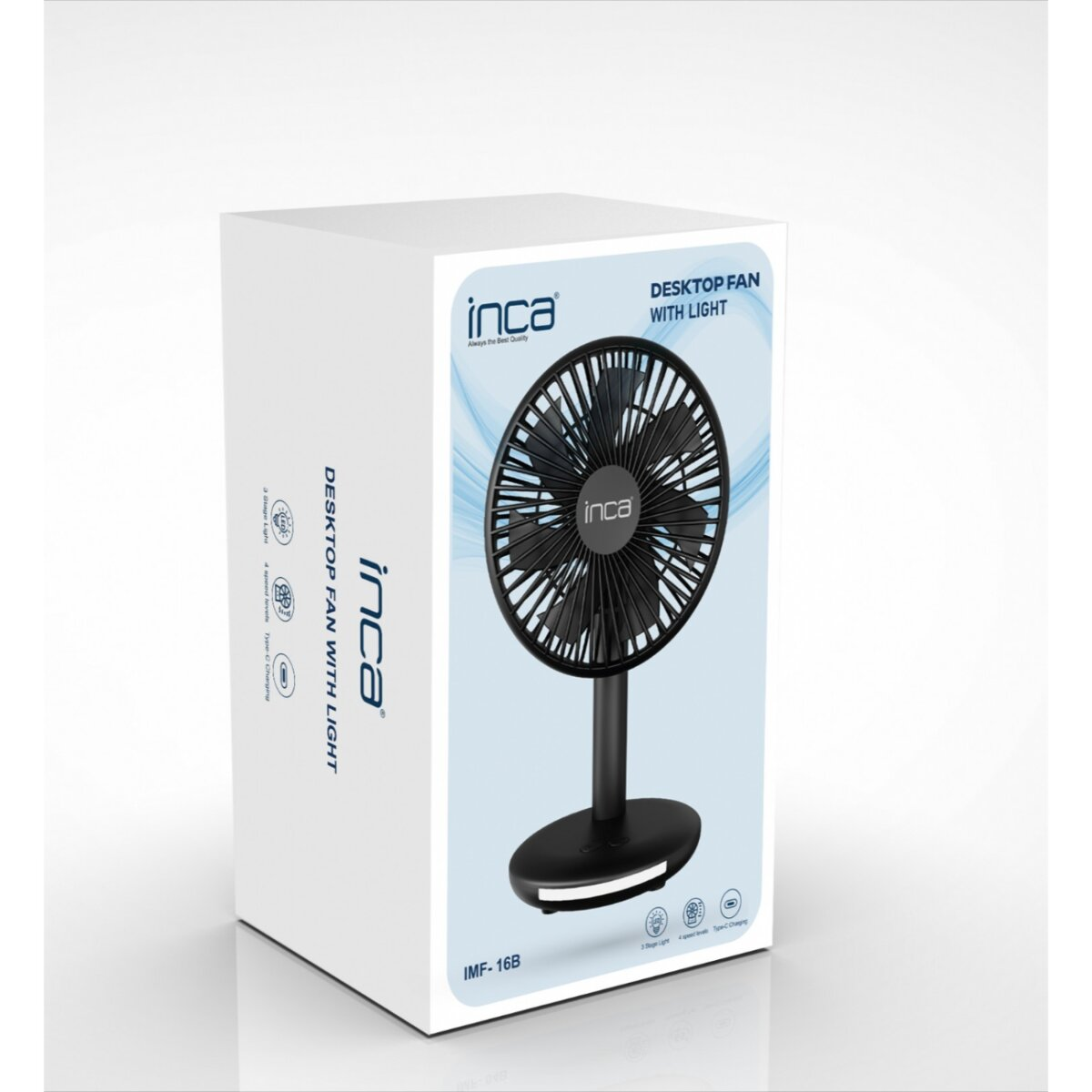 Eine Schachtel mit einem schwarzen Tischventilator mit Licht. Auf der Schachtel steht der Markenname 'inca' und der Produktname 'DESKTOP FAN WITH LIGHT'.