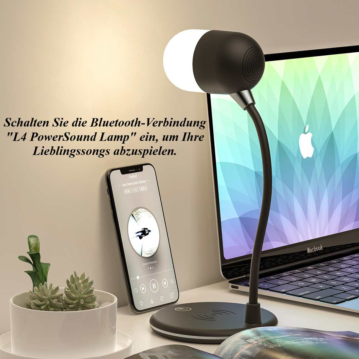 Ein Schreibtisch mit Lautsprecherlampe, Telefon und MacBook. Das Telefon zeigt eine Musik-App an. Die Lampe ist schwarz und weiß.
