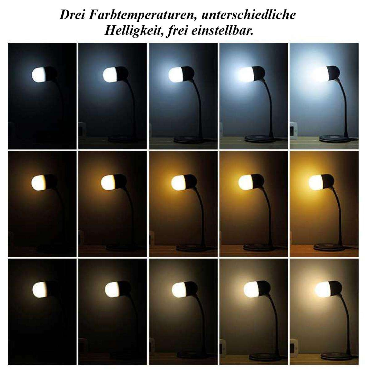 Ein Raster zeigt eine Lampe mit unterschiedlichen Helligkeiten und Farbtemperaturen. Die Lampe ist schwarz, mit rundem, weißem Licht.