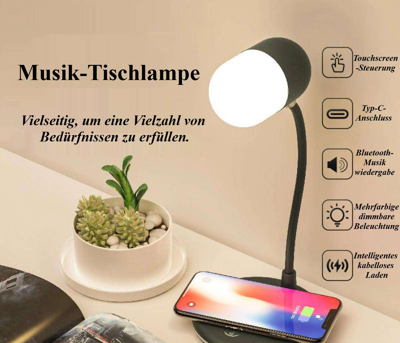 Eine Schreibtischlampe mit weißem Licht und schwarzem Arm. Sie hat ein Telefon, das auf ihrem Sockel geladen wird, eine Pflanze und Icons.