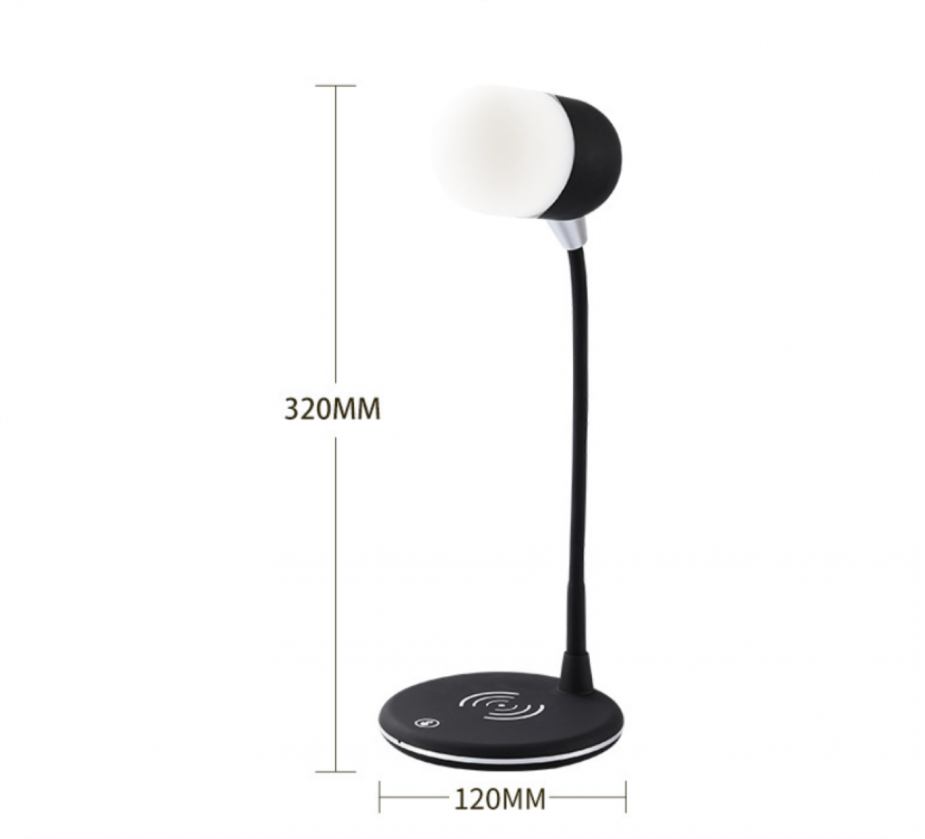 Eine schwarze Schreibtischlampe mit weißem Licht, flexiblem Hals und rundem Sockel mit Symbolen für kabelloses Laden. Abmessungen werden angezeigt.