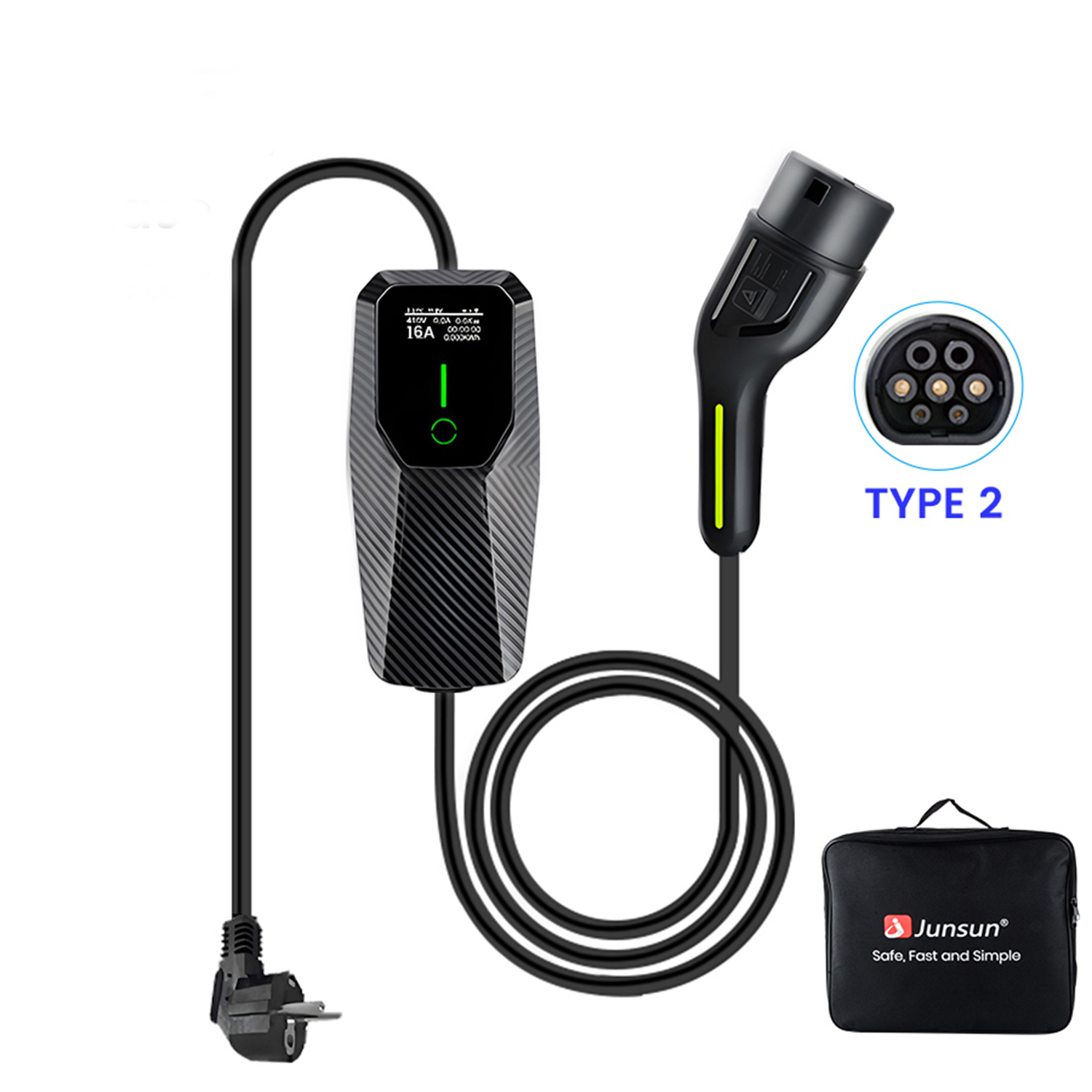 Un caricabatterie per veicoli elettrici con display, connettore di tipo 2 e borsa nera con logo Junsun.