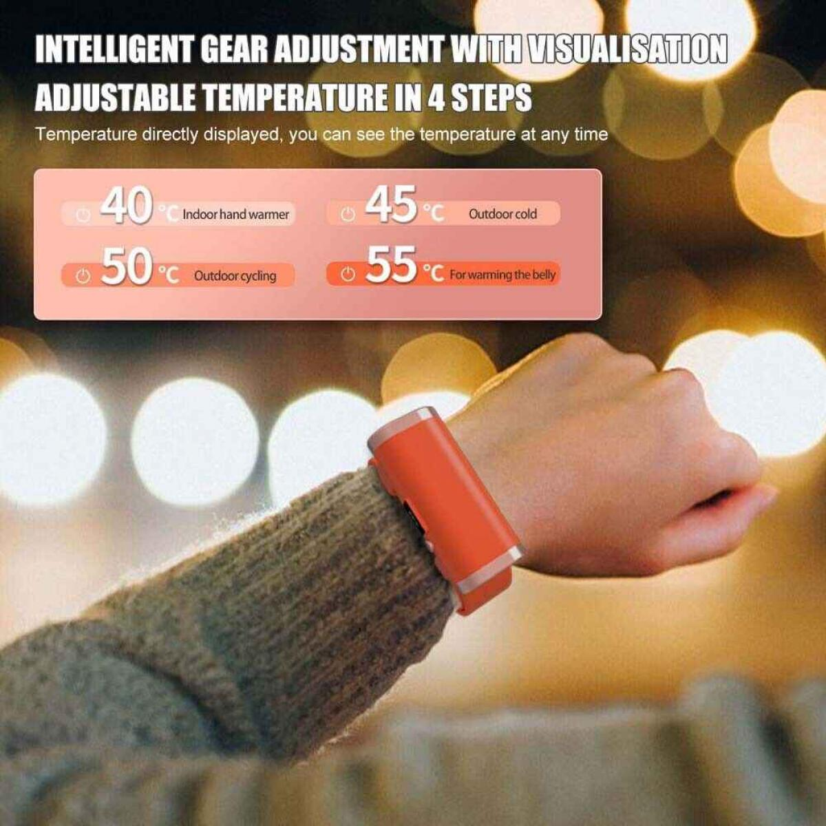 Eine Person trägt ein orangefarbenes Armband mit Temperatureinstellungen. Text zeigt Temperaturoptionen: 40, 45, 50 und 55 Grad Celsius.