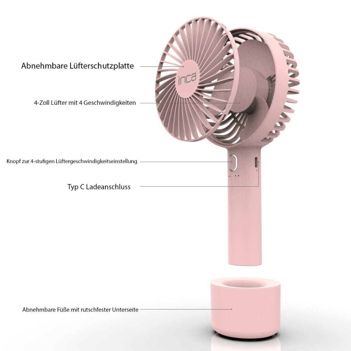 Ein rosa Handventilator mit abnehmbarem Lüfterschutz und Fuß. Er hat eine Taste zur Geschwindigkeitsanpassung und einen USB-C-Anschluss.
