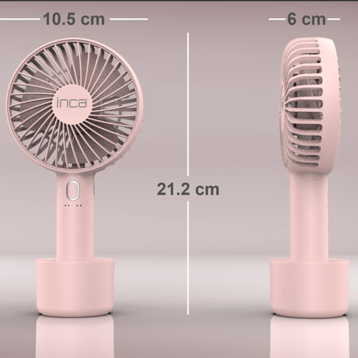 Ein pinkfarbener tragbarer Inca-Ventilator wird gezeigt. Abmessungen sind angegeben: 10,5 cm breit, 6 cm dick und 21,2 cm hoch. Er hat einen runden Ventilatorkopf.