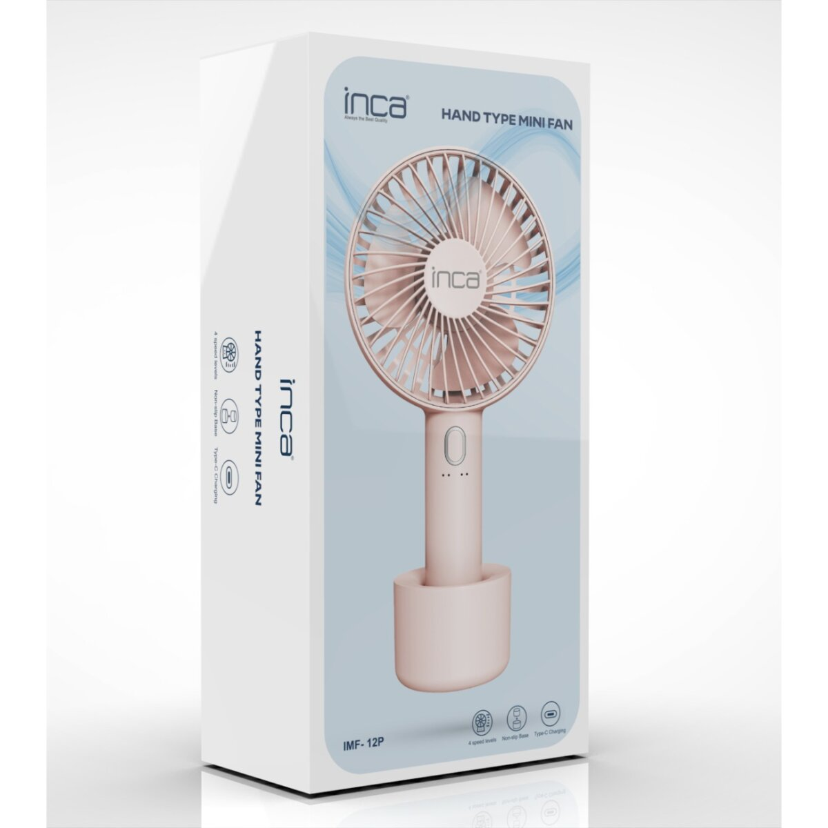 Ein rosa Inca Hand-Mini-Ventilator in seiner Box. Die Box listet Funktionen auf und der Ventilator ruht auf einem Ständer.