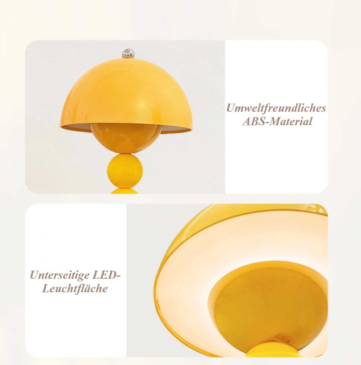 Eine gelbe Lampe mit kugelförmigem Fuß und einem kuppelförmigen Schirm wird gezeigt. Text auf dem Bild: Umweltfreundliches ABS-Material.