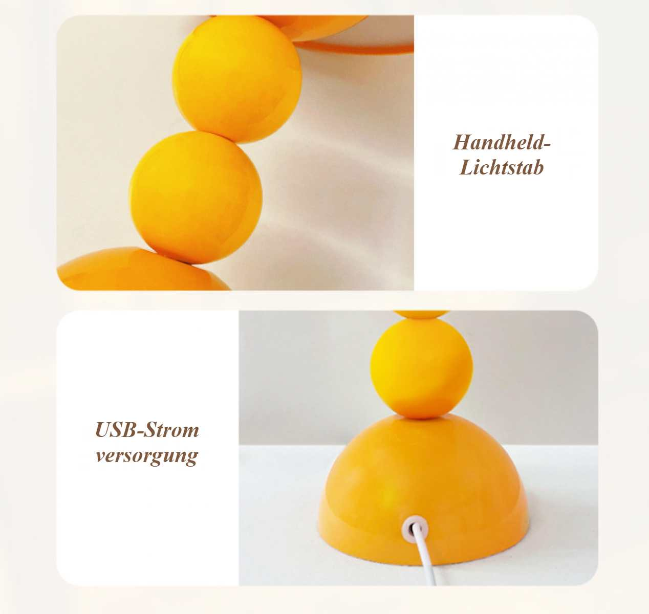 Eine orangefarbene Lampe mit kugelförmigem Design. Sie hat einen Sockel und eine obere Kugel. Enthält ein USB-Netzteil. Handheld-Lichtstab.