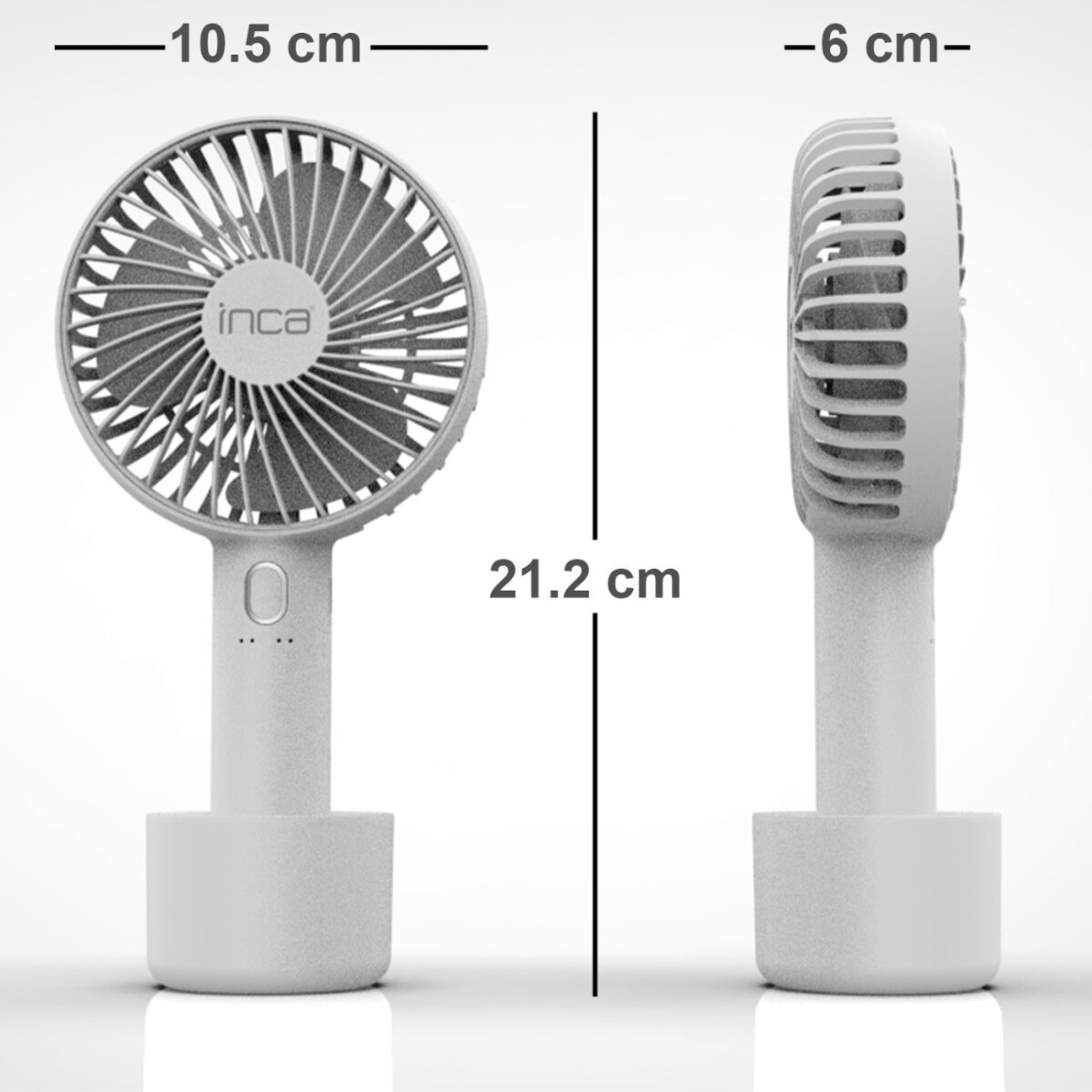 Un ventilatore portatile Inca bianco. Le dimensioni sono: 10,5 cm di larghezza, 21,2 cm di altezza e 6 cm di profondità. Il ventilatore ha tre impostazioni di velocità.
