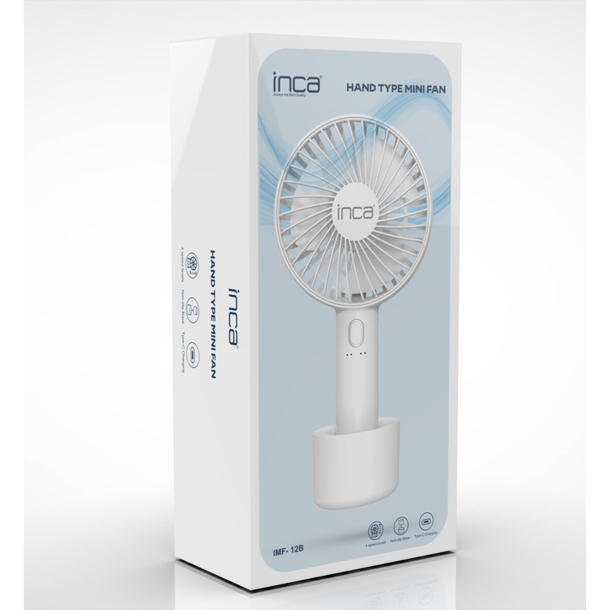 Mini ventilatore a mano Inca bianco in una scatola. La scatola è bianca con testo e immagini, il ventilatore è bianco.